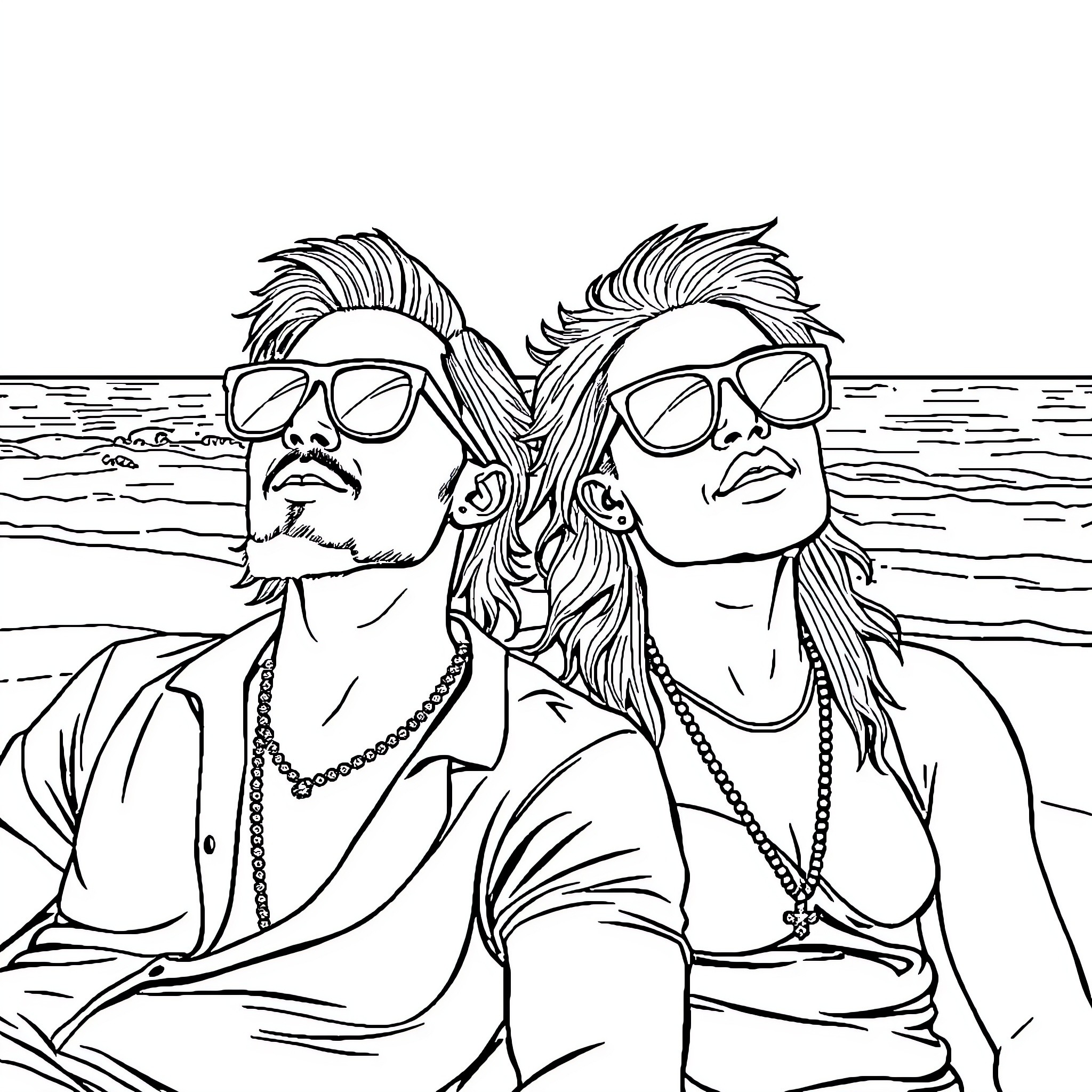 Music Artists on a Beach Vacation Coloring Page (free black-and-white line drawing printable PDF for all, from beginners to advanced learners, including children, teens, adults, and seniors)