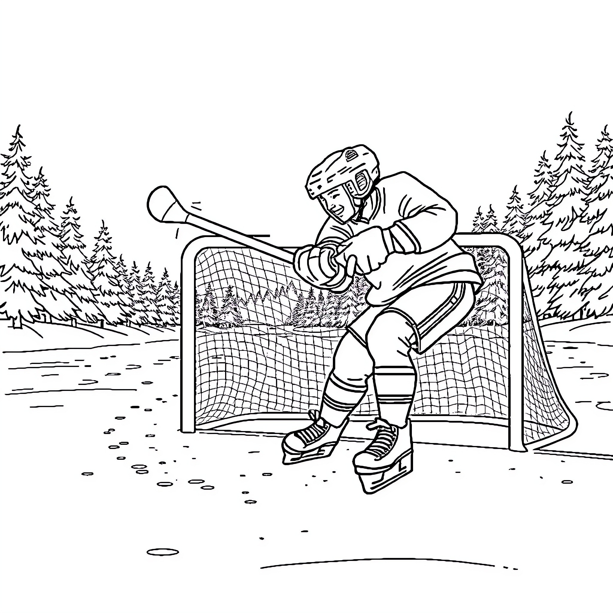 Hockey Player Guarding the Net on Outdoor Rink Coloring Page (free black-and-white line drawing printable PDF for all, from beginners to advanced learners, including children, teens, adults, and seniors)