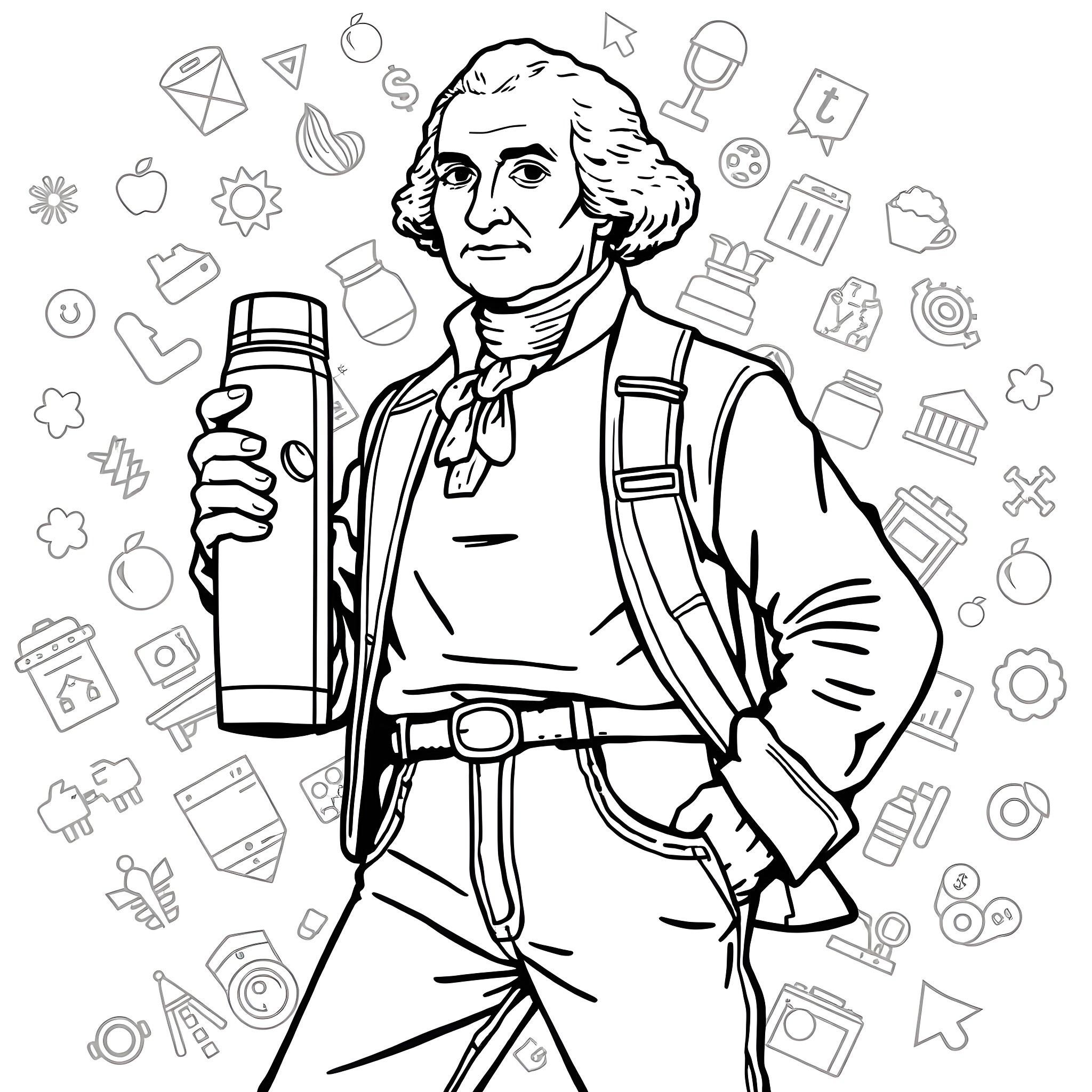 George Washington as an adventurous explorer Coloring Page (free black-and-white line drawing printable PDF for all, from beginners to advanced learners, including children, teens, adults, and seniors)