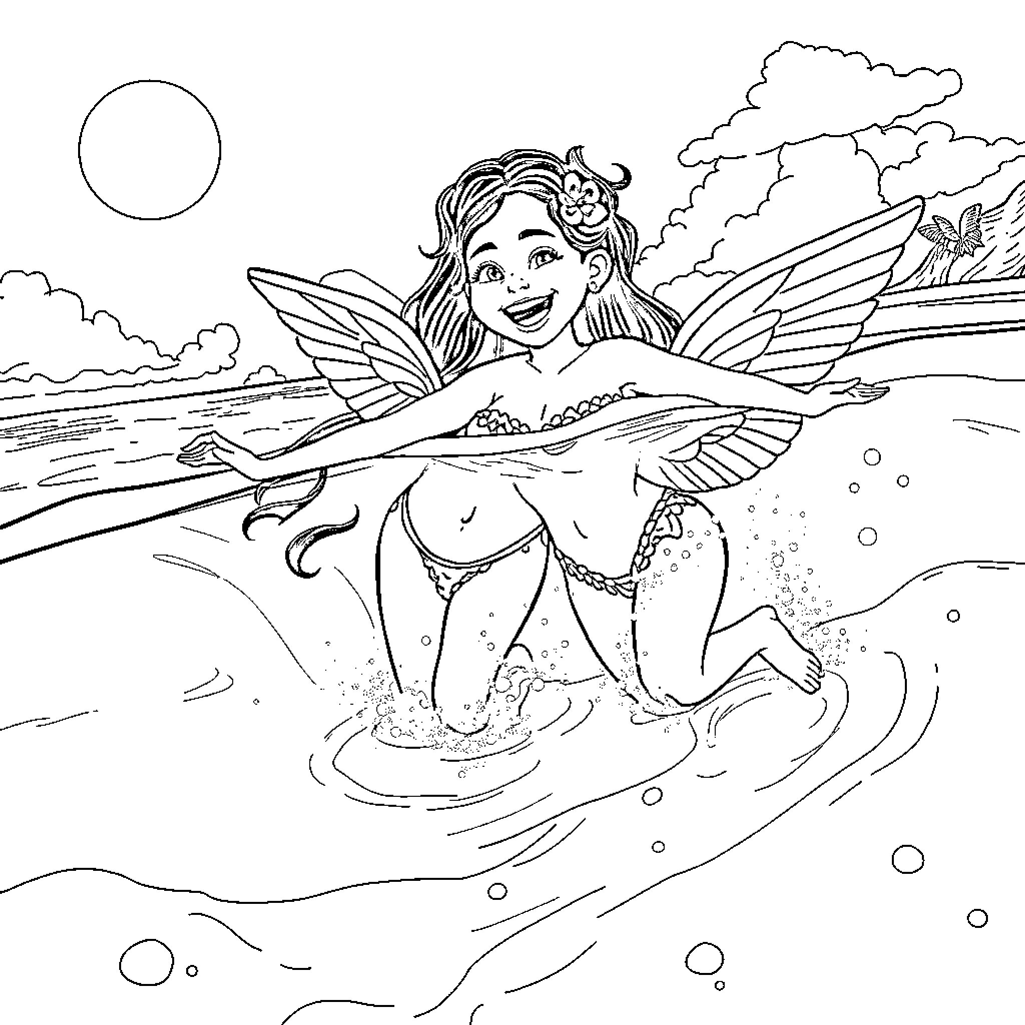 Nani's Enchanting Aquatic Adventure Coloring Page (free black-and-white line drawing printable PDF for all, from beginners to advanced learners, including children, teens, adults, and seniors)