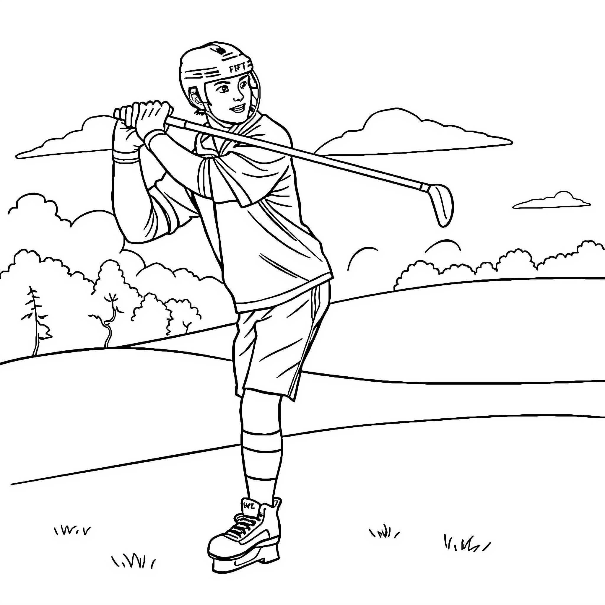 Hockey Player Skating on the Rink with Stick Coloring Page (free black-and-white line drawing printable PDF for all, from beginners to advanced learners, including children, teens, adults, and seniors)