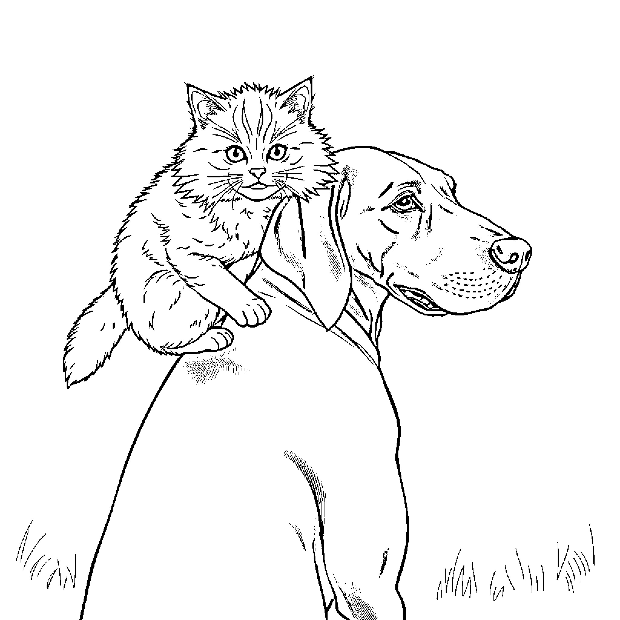 Cat riding on a dog Coloring Page (free black-and-white line drawing printable PDF for all, from beginners to advanced learners, including children, teens, adults, and seniors)