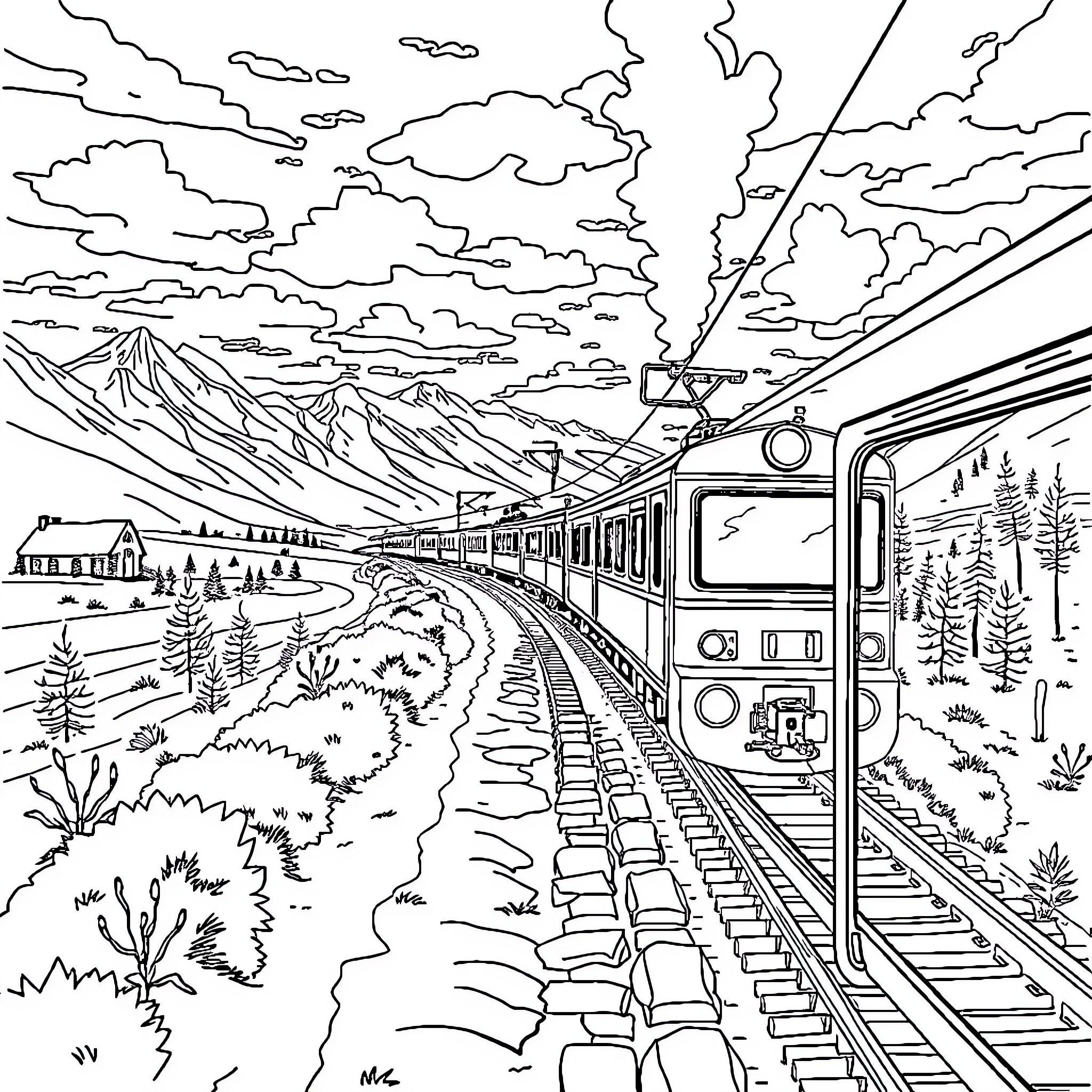Train Journeying Through Scenic Mountain Landscape Coloring Page (free black-and-white line drawing printable PDF for all, from beginners to advanced learners, including children, teens, adults, and seniors)