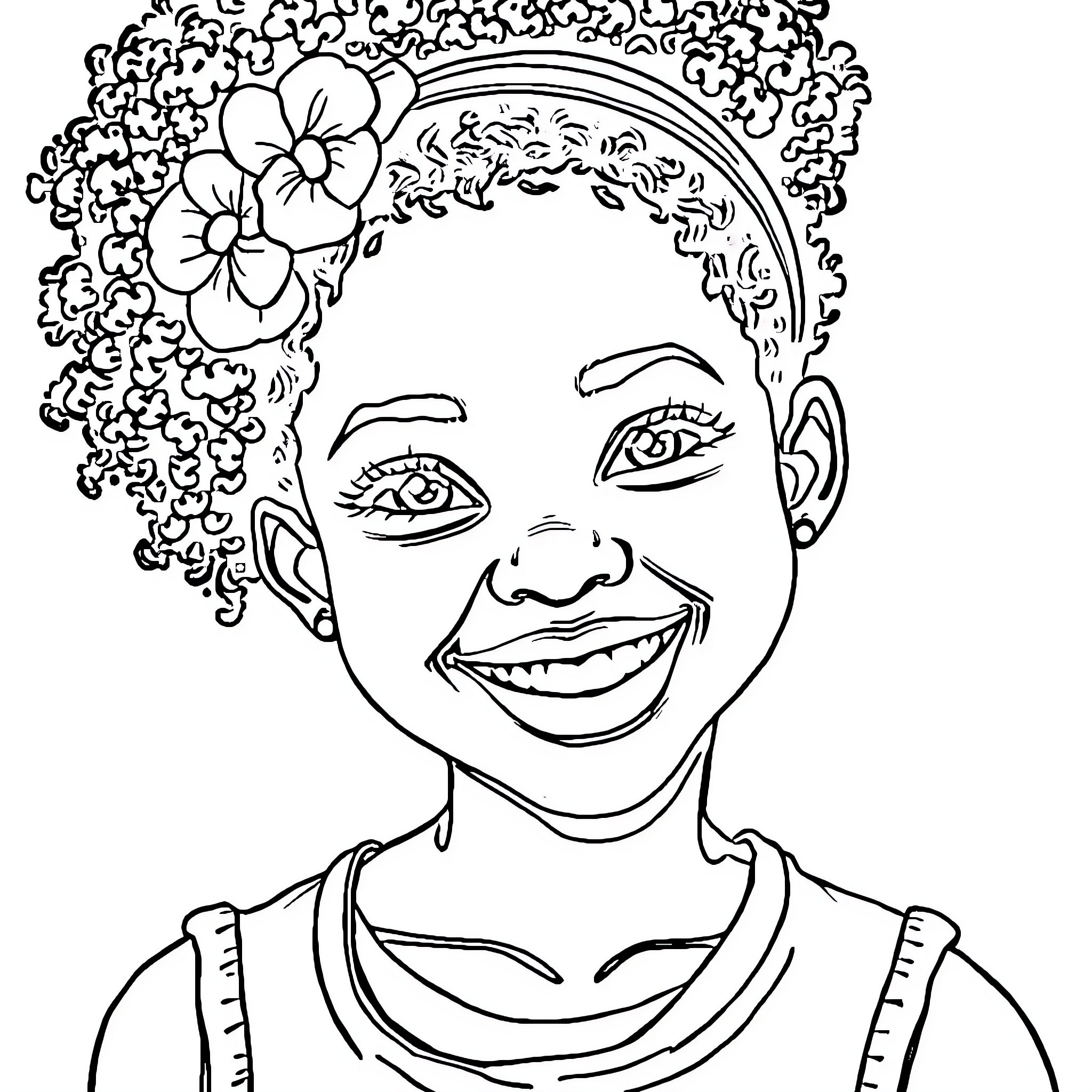 Girl with Floral Headpiece and Joyful Expression Coloring Page (free black-and-white line drawing printable PDF for all, from beginners to advanced learners, including children, teens, adults, and seniors)