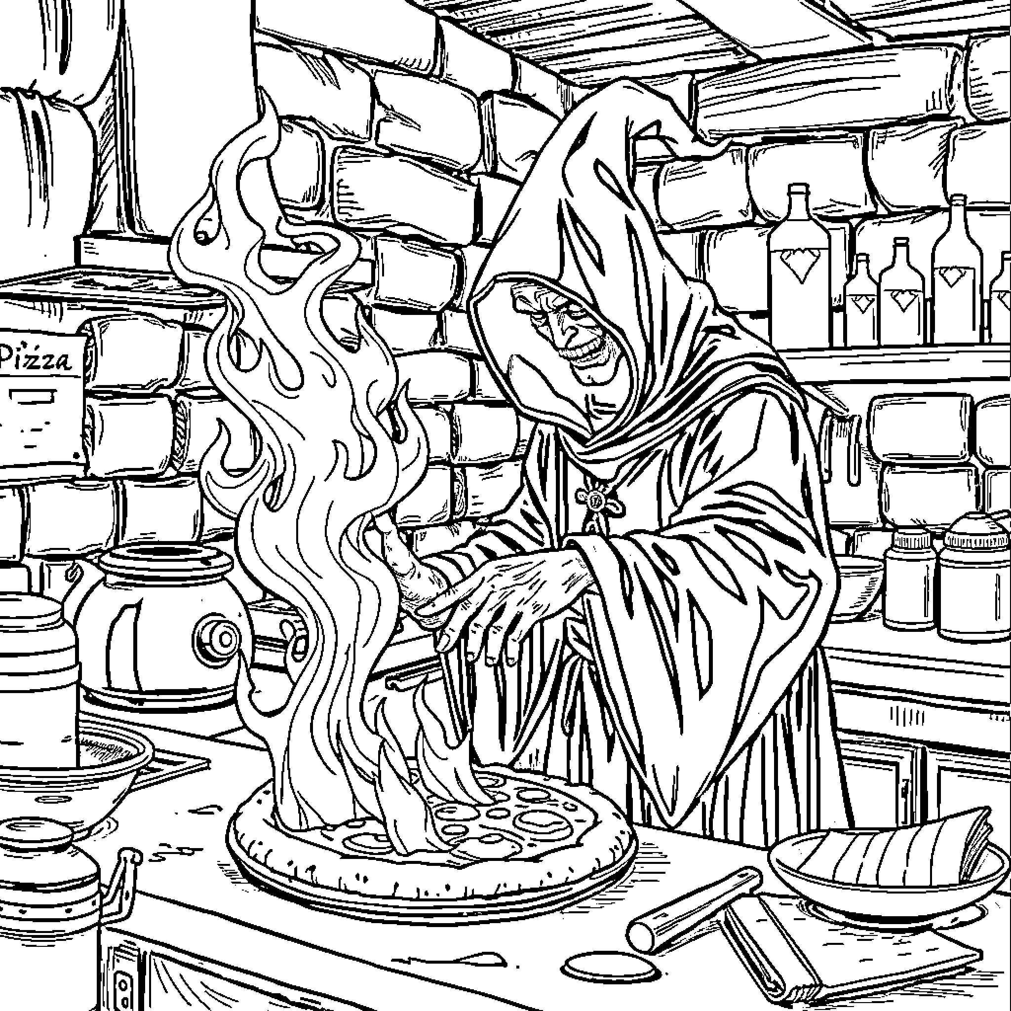 Mage preparing a magical dish in the kitchen Coloring Page (free black-and-white line drawing printable PDF for all, from beginners to advanced learners, including children, teens, adults, and seniors)
