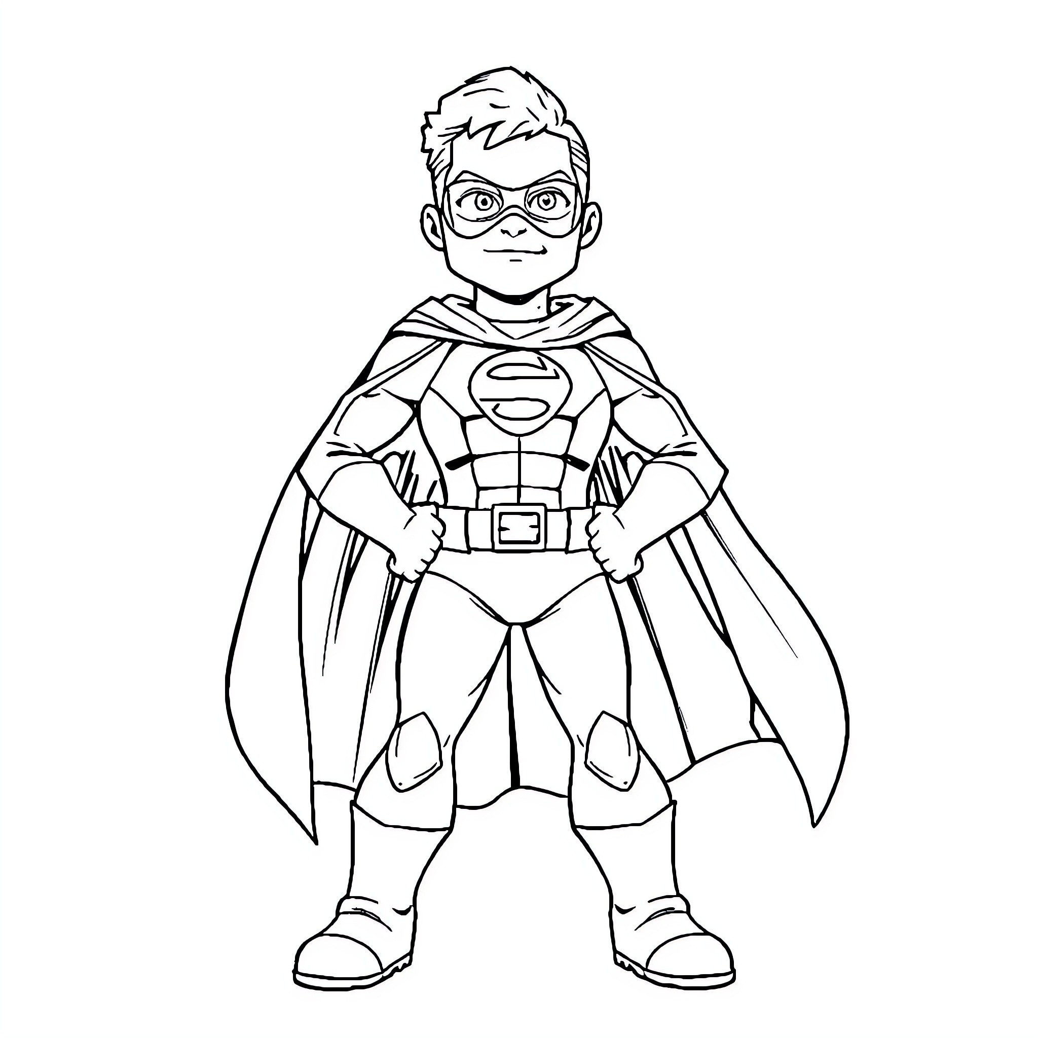 Superhero Boy in Costume Coloring Page (free black-and-white line drawing printable PDF for all, from beginners to advanced learners, including children, teens, adults, and seniors)