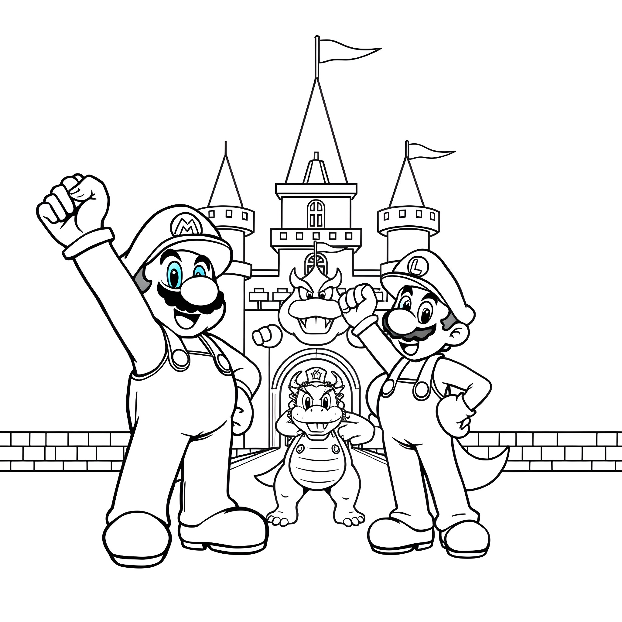 Mario and friends explore a magical castle Coloring Page (free black-and-white line drawing printable PDF for all, from beginners to advanced learners, including children, teens, adults, and seniors)