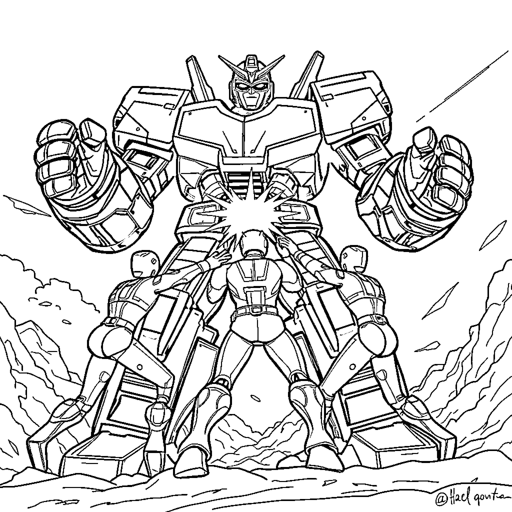 Giant Heroic Robot Warrior in Action Coloring Page (free black-and-white line drawing printable PDF for all, from beginners to advanced learners, including children, teens, adults, and seniors)