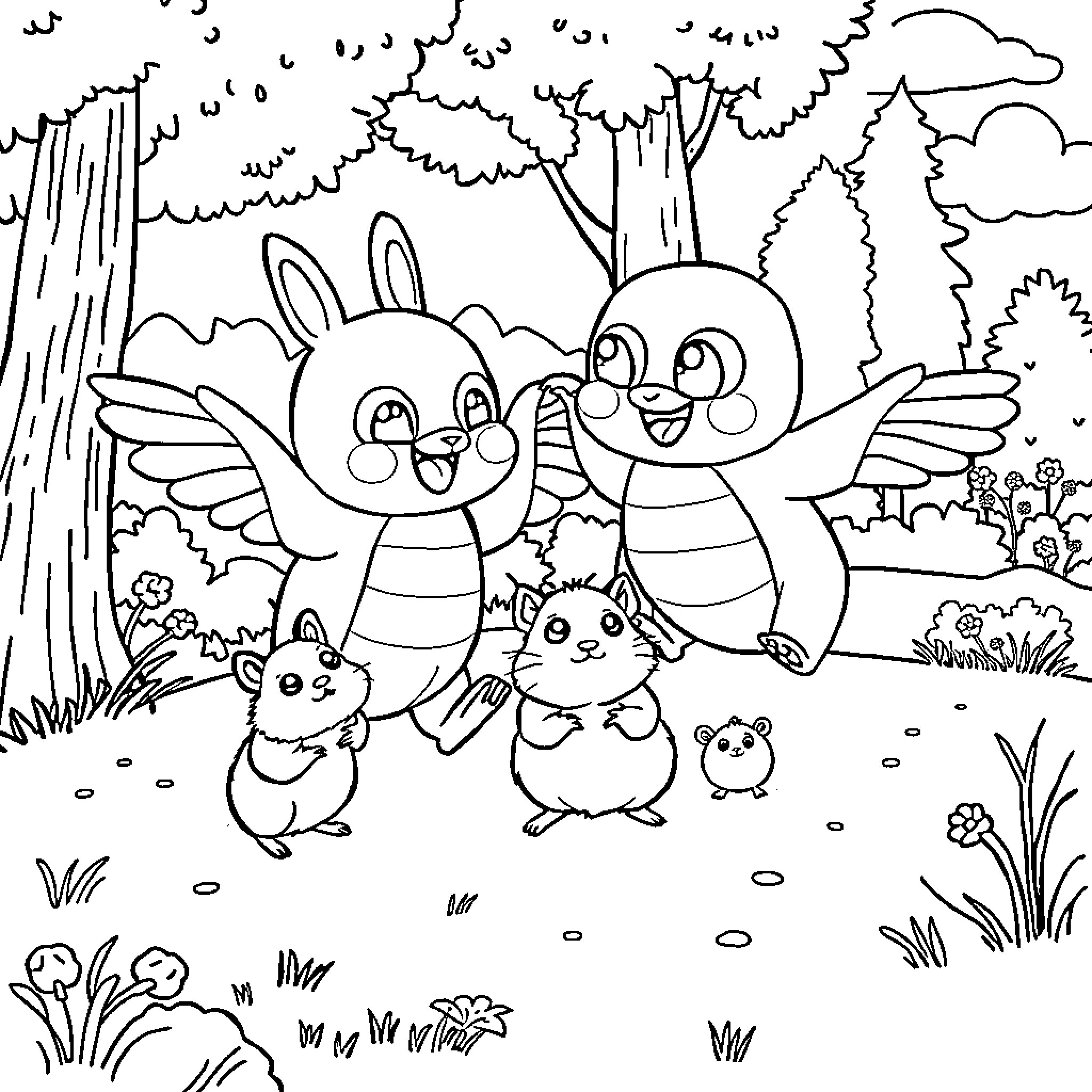 Hamsters exploring the whimsical forest Coloring Page (free black-and-white line drawing printable PDF for all, from beginners to advanced learners, including children, teens, adults, and seniors)