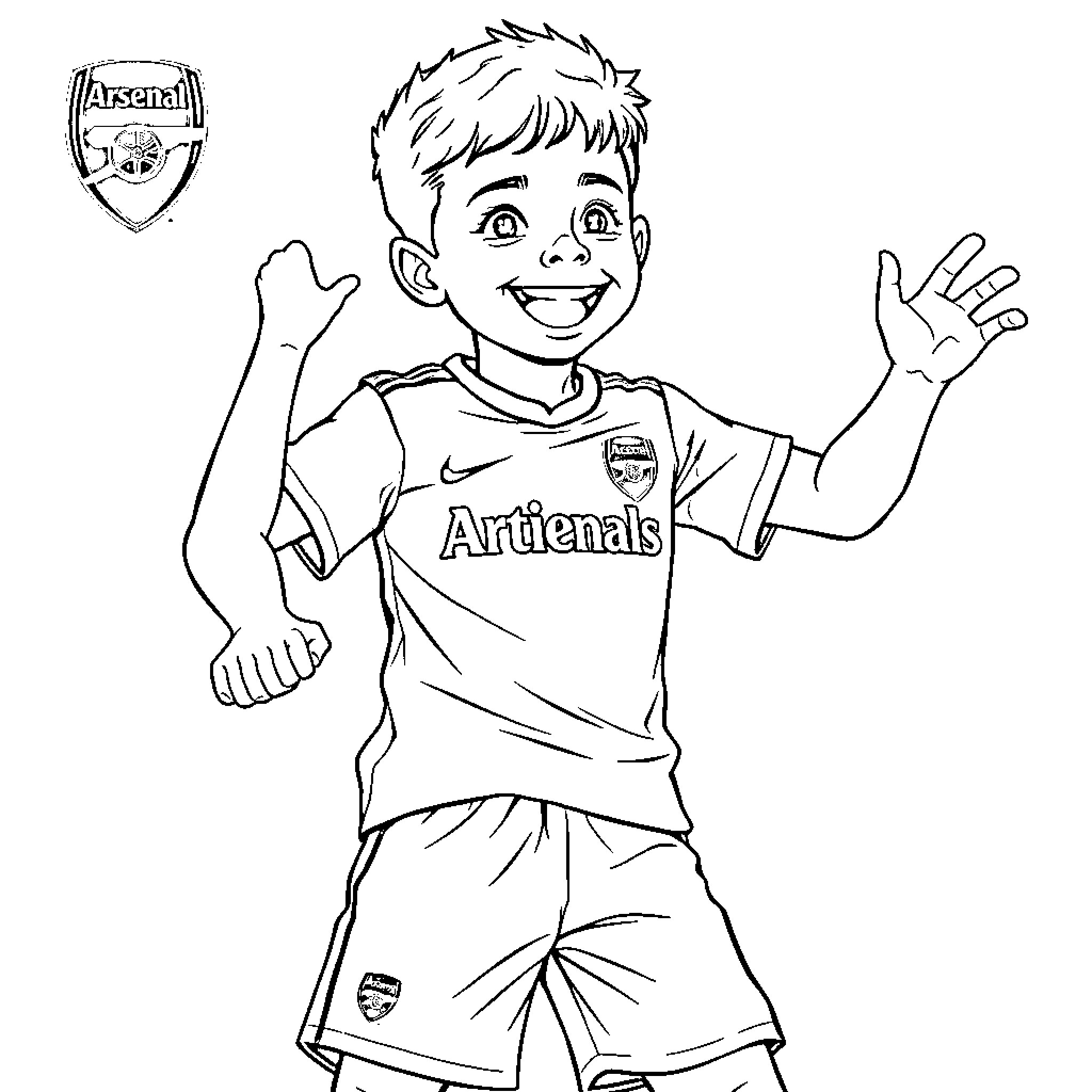 Boy Celebrating in Arsenal Football Uniform Coloring Page (free black-and-white line drawing printable PDF for all, from beginners to advanced learners, including children, teens, adults, and seniors)