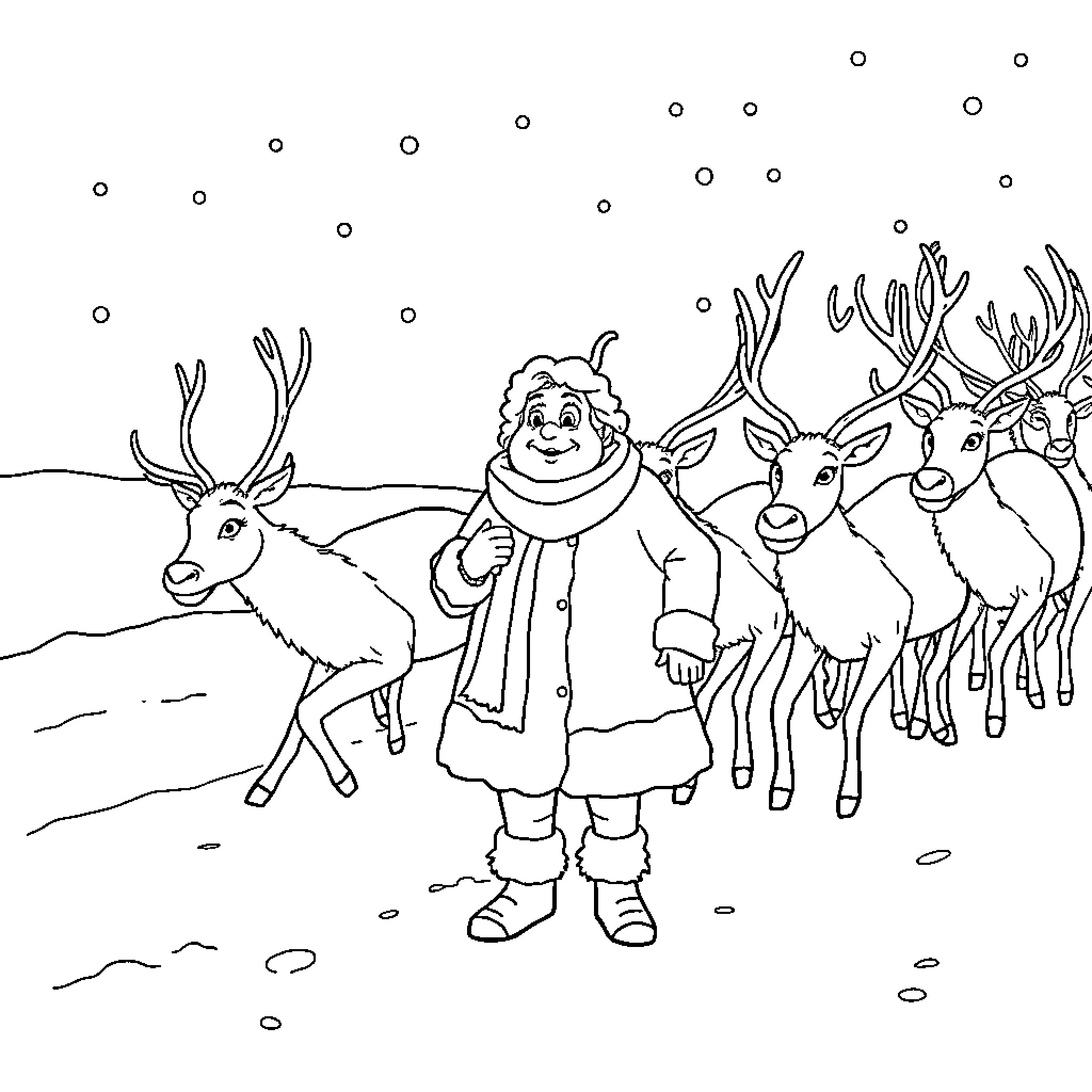 Grandma walking with a herd of reindeer in the snow Coloring Page (free black-and-white line drawing printable PDF for all, from beginners to advanced learners, including children, teens, adults, and seniors)