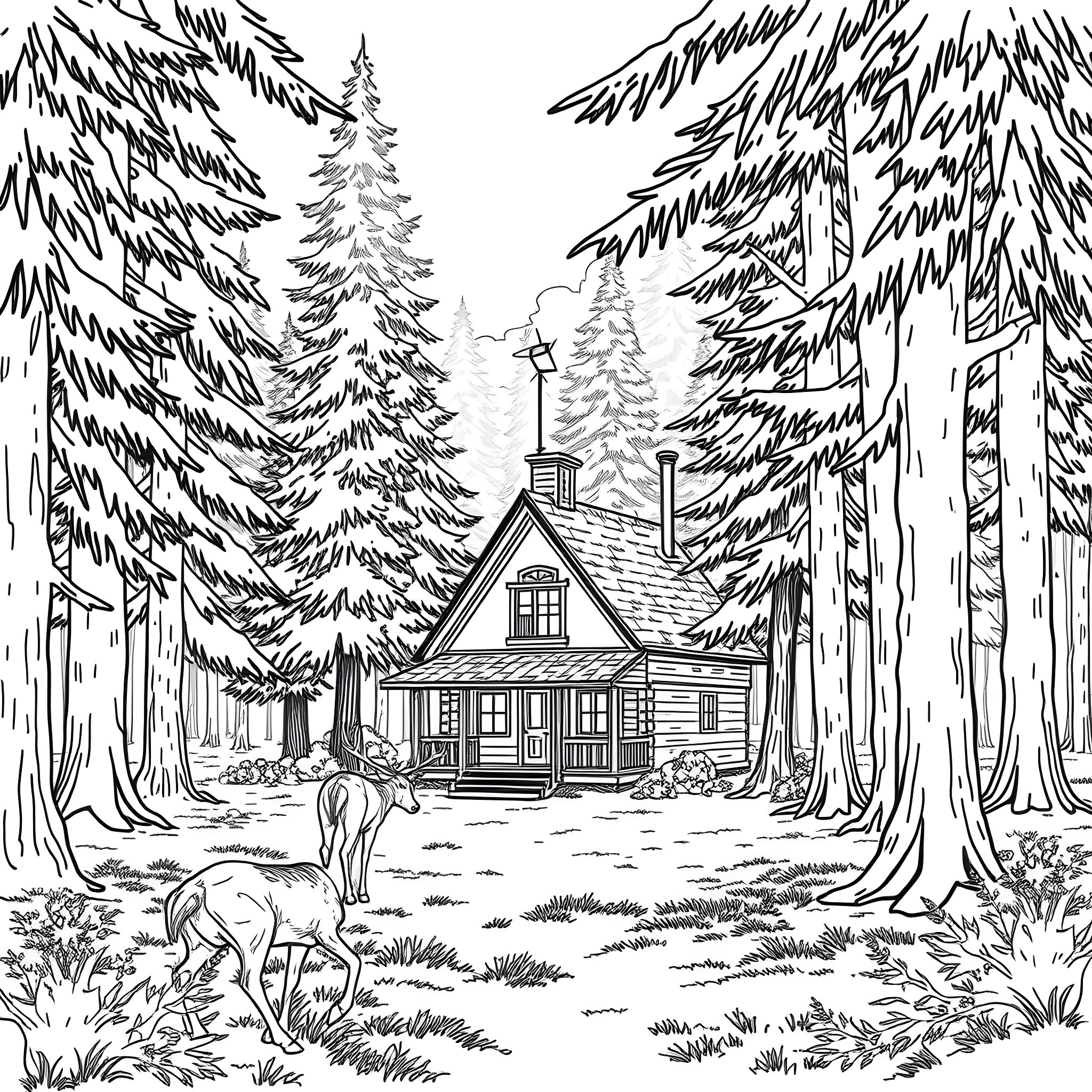 Cabin in the Snowy Forest with Deer Coloring Page (free black-and-white line drawing printable PDF for all, from beginners to advanced learners, including children, teens, adults, and seniors)