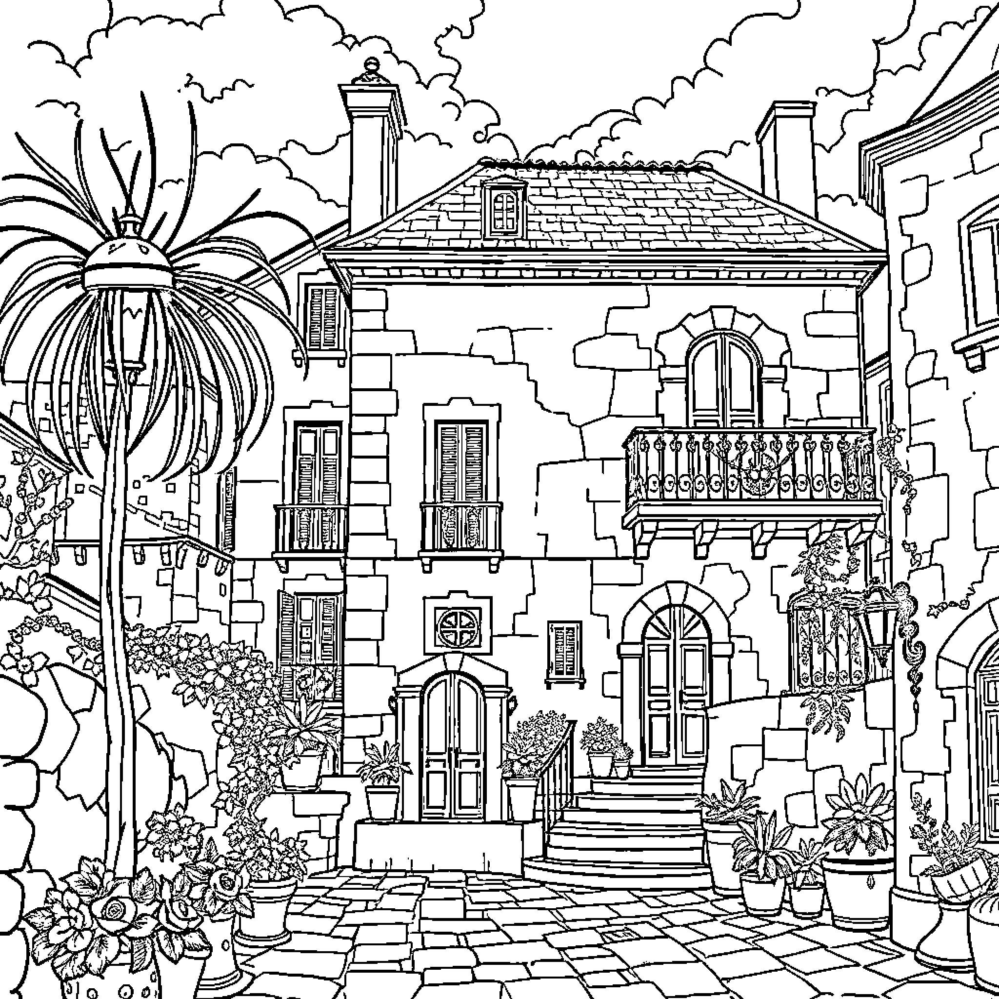 Demon Slayer fighting amidst the historical architecture Coloring Page (free black-and-white line drawing printable PDF for all, from beginners to advanced learners, including children, teens, adults, and seniors)