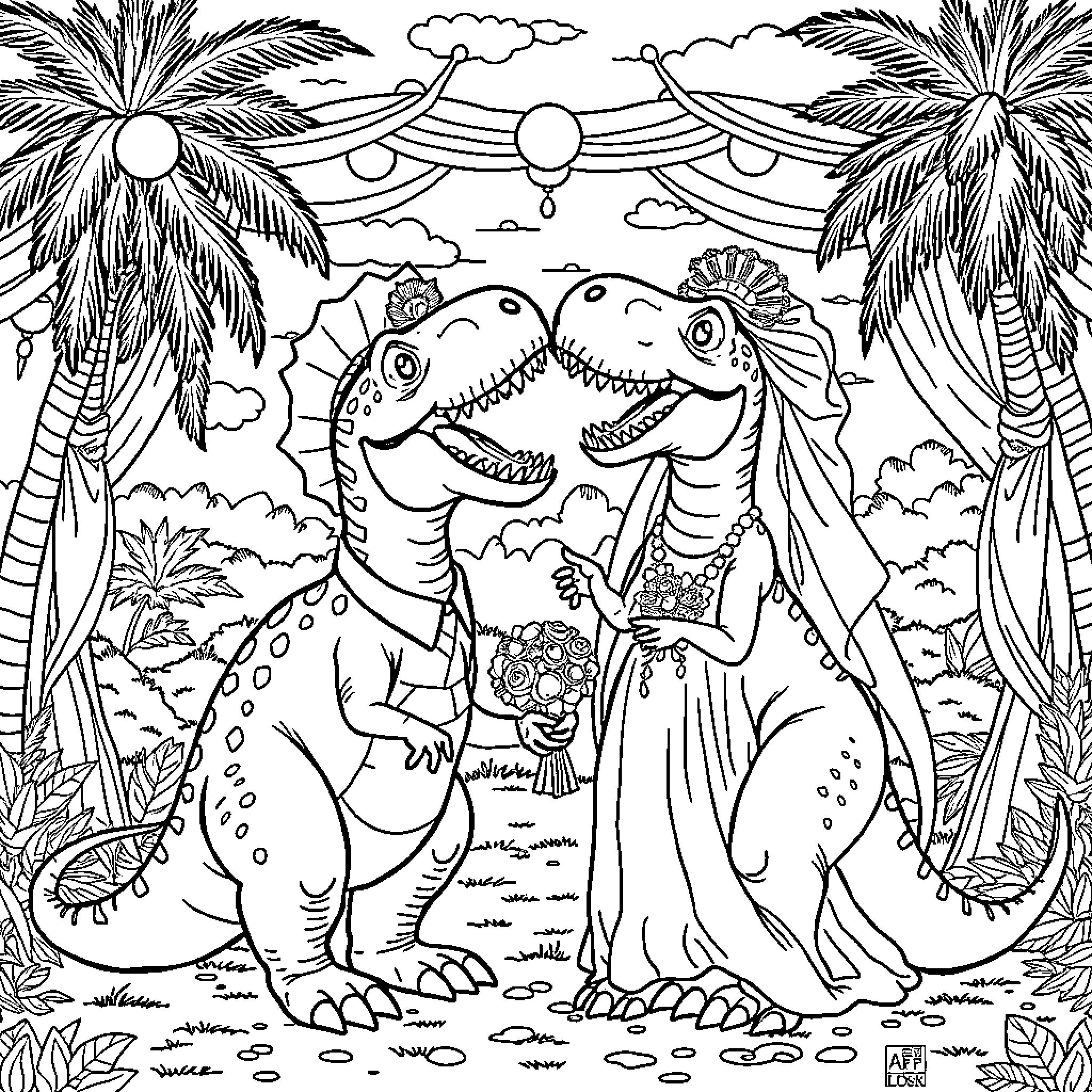 Dinosaur couple celebrating in a tropical landscape Coloring Page (free black-and-white line drawing printable PDF for all, from beginners to advanced learners, including children, teens, adults, and seniors)