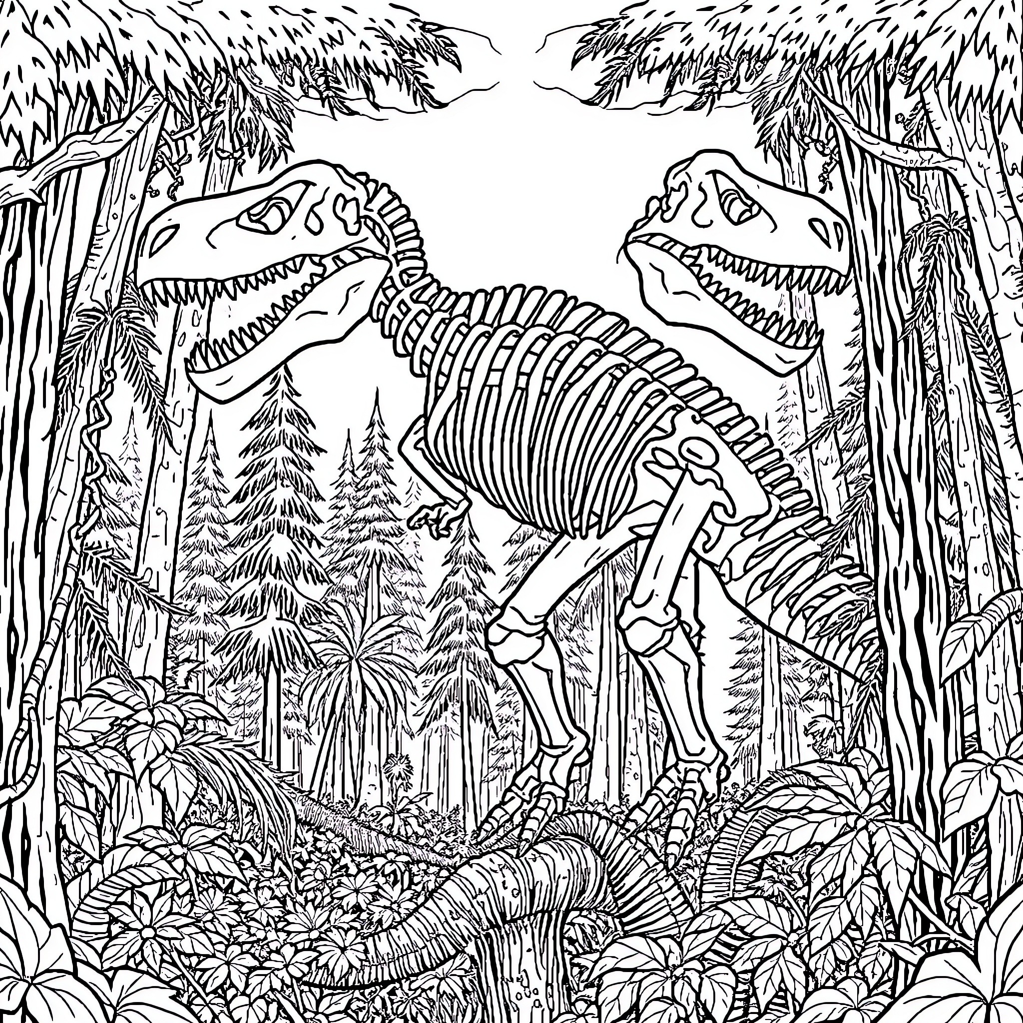 Dinosaur fossils discovered in the lush jungle landscape Coloring Page (free black-and-white line drawing printable PDF for all, from beginners to advanced learners, including children, teens, adults, and seniors)