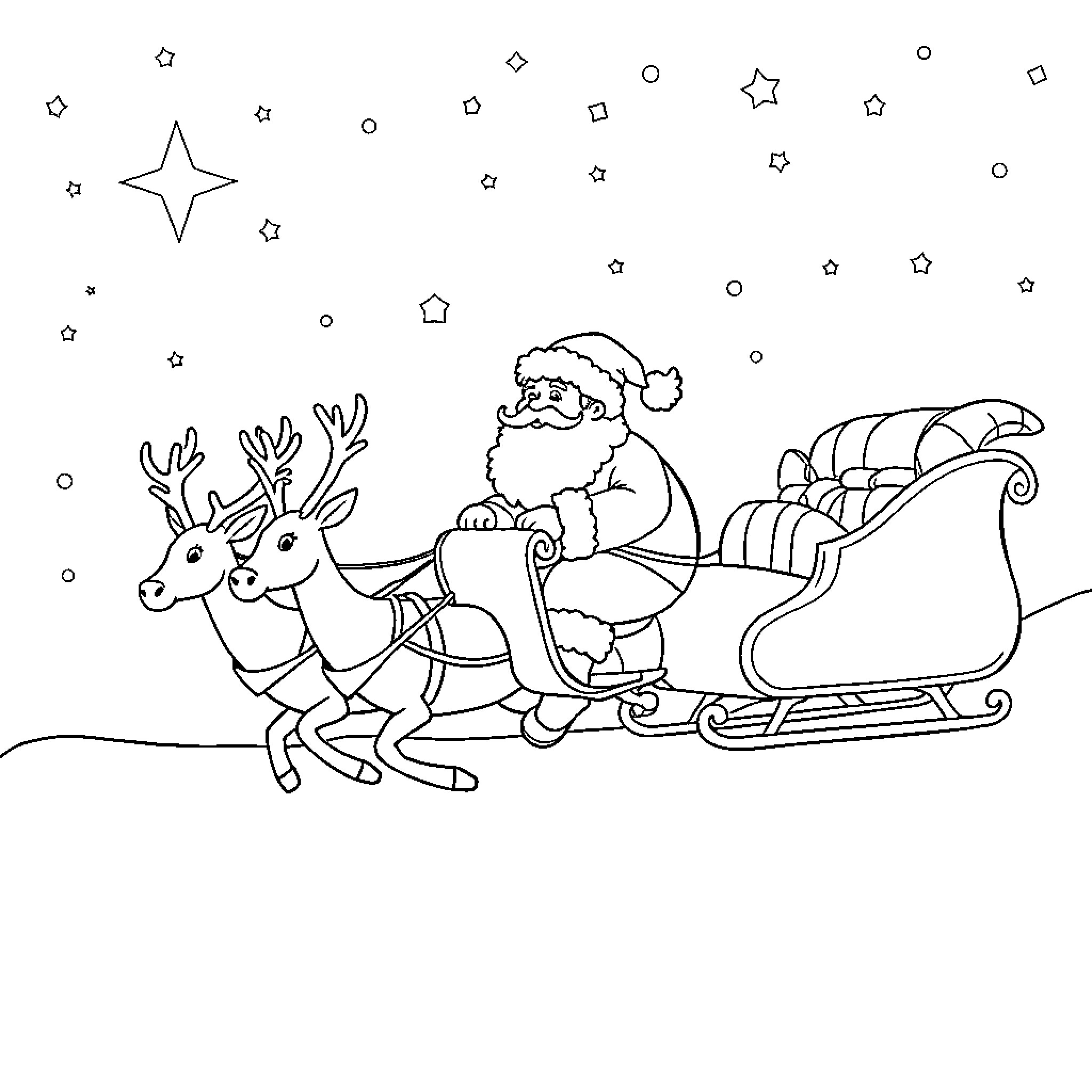 Santa Claus riding a reindeer sleigh with presents Coloring Page (free black-and-white line drawing printable PDF for all, from beginners to advanced learners, including children, teens, adults, and seniors)