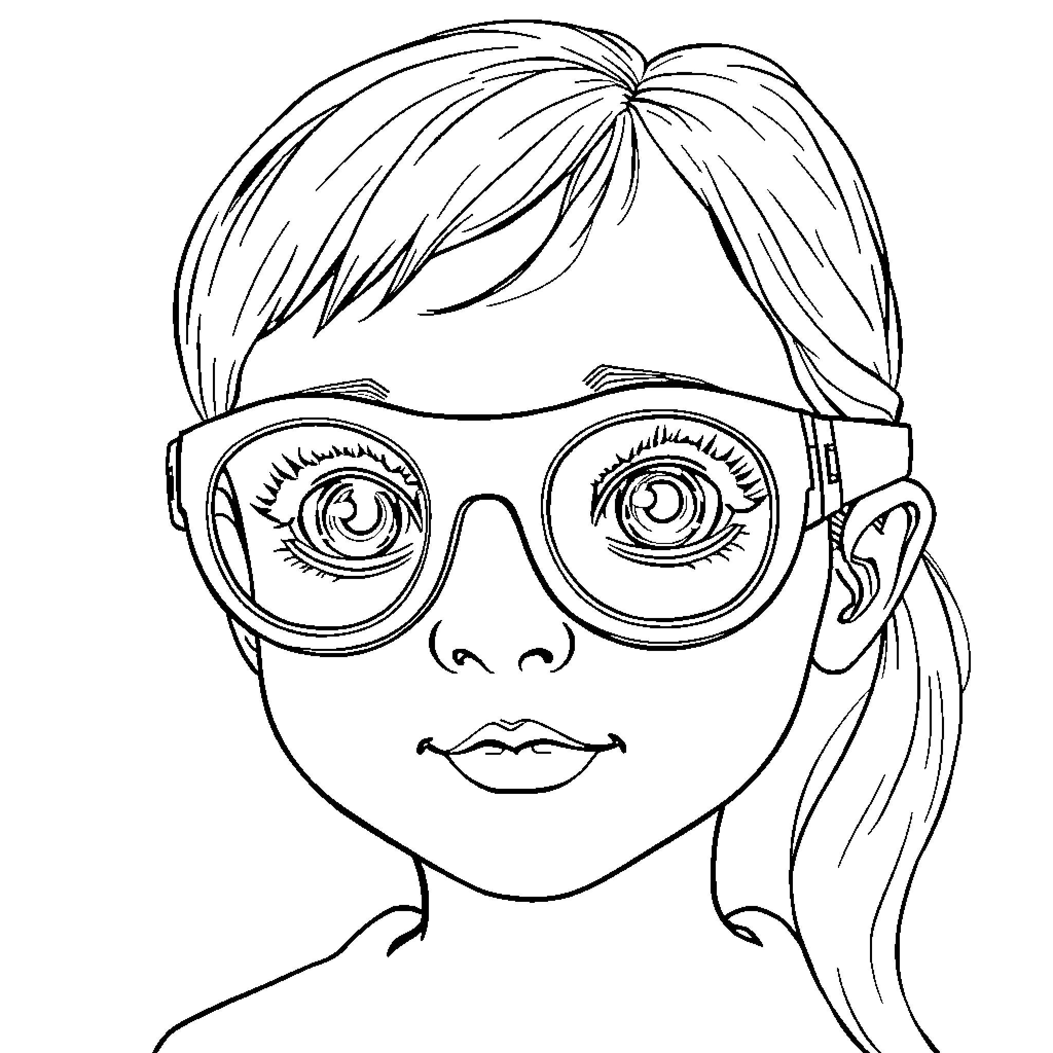 Amblyopia - Girl with Glasses Coloring Page (free black-and-white line drawing printable PDF for all, from beginners to advanced learners, including children, teens, adults, and seniors)