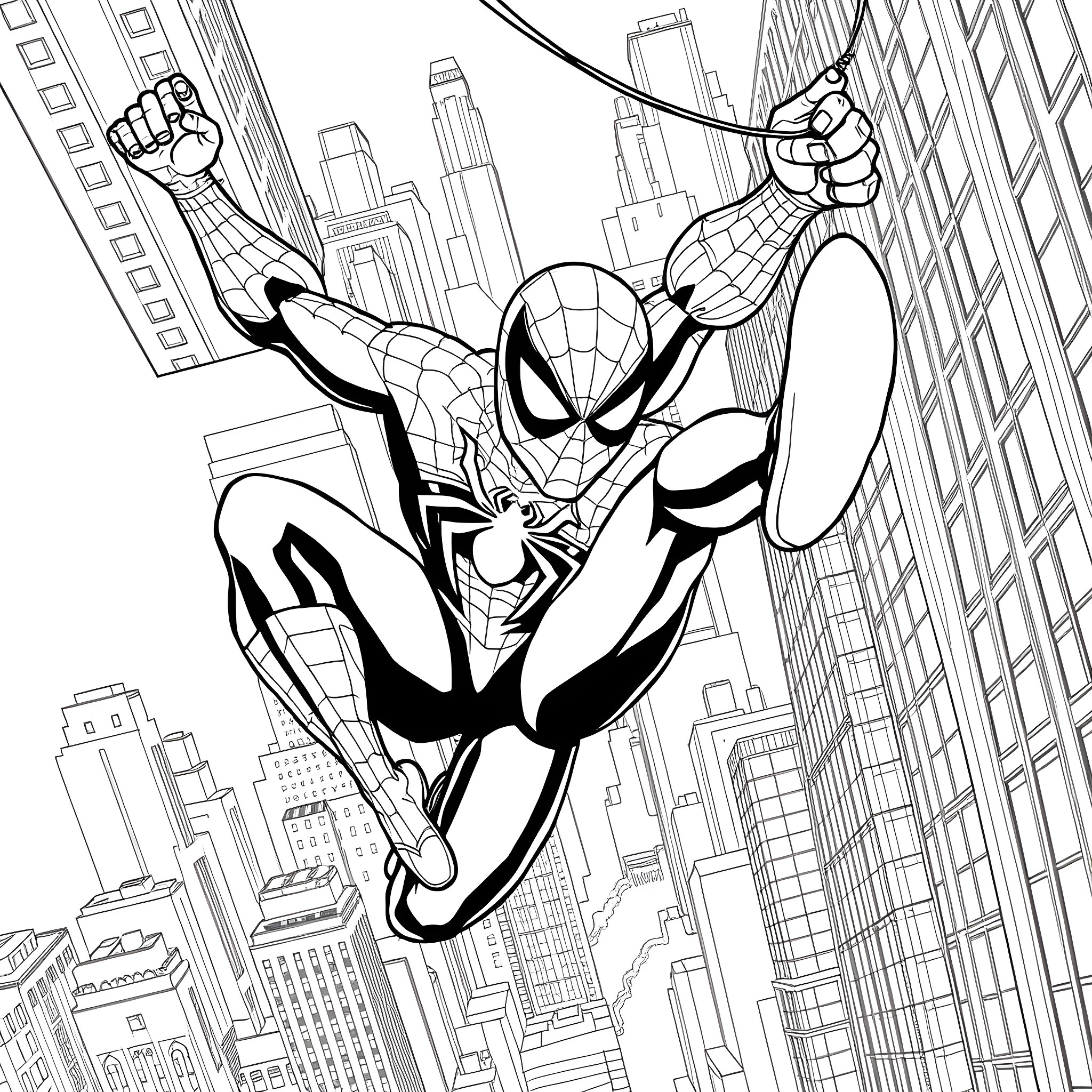 Spider-Boy swinging through the city skyline Coloring Page (free black-and-white line drawing printable PDF for all, from beginners to advanced learners, including children, teens, adults, and seniors)