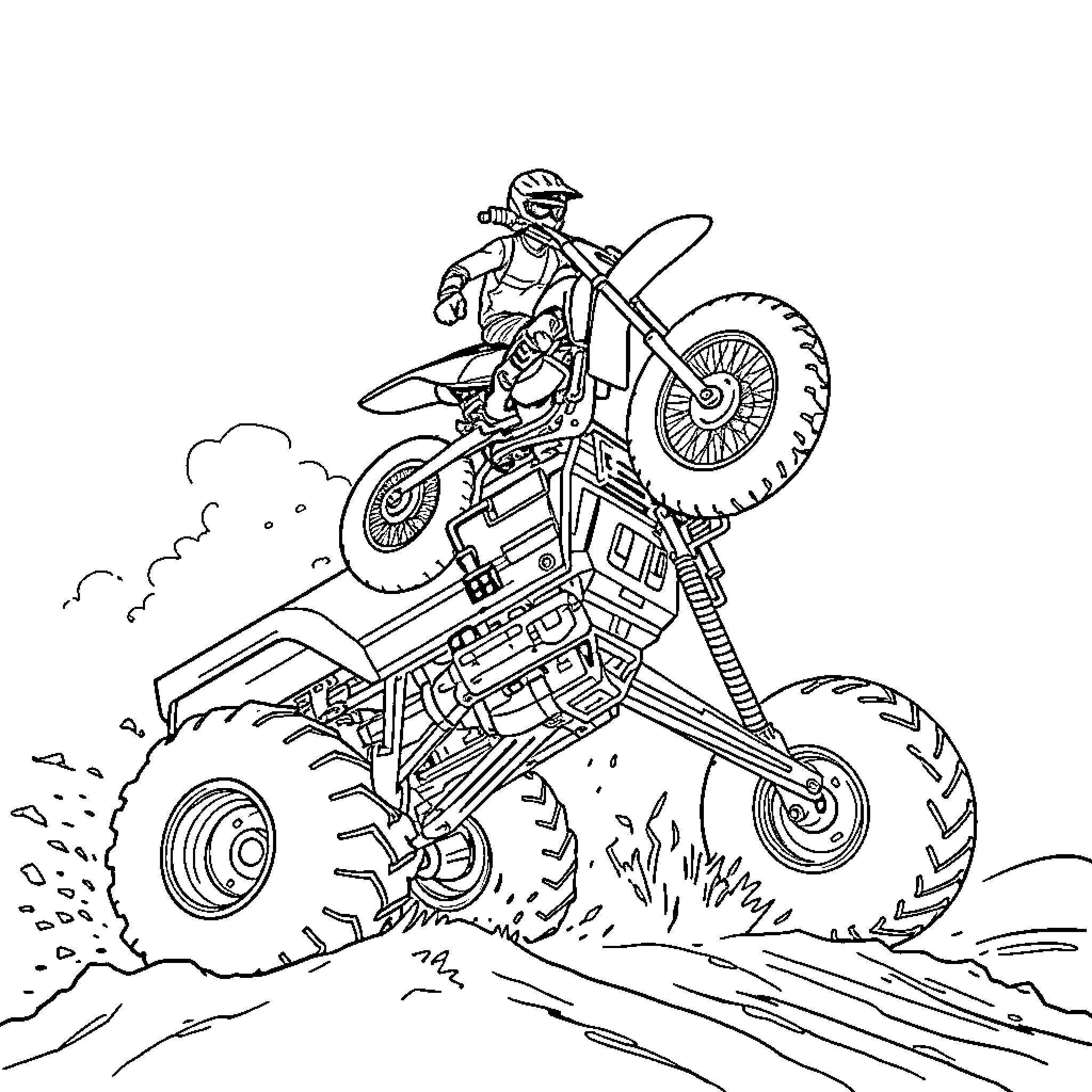 Motocross rider jumping over obstacles on a terrain Coloring Page (free black-and-white line drawing printable PDF for all, from beginners to advanced learners, including children, teens, adults, and seniors)