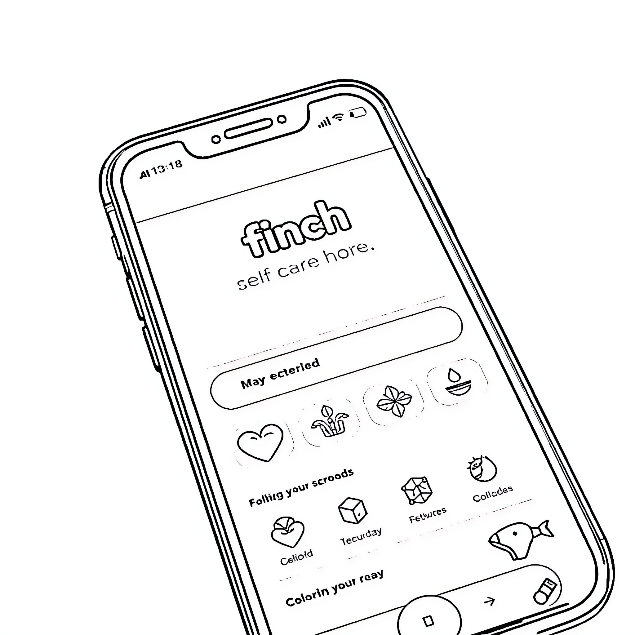 Finch app interface displaying self-care options Coloring Page (free black-and-white line drawing printable PDF for all, from beginners to advanced learners, including children, teens, adults, and seniors)