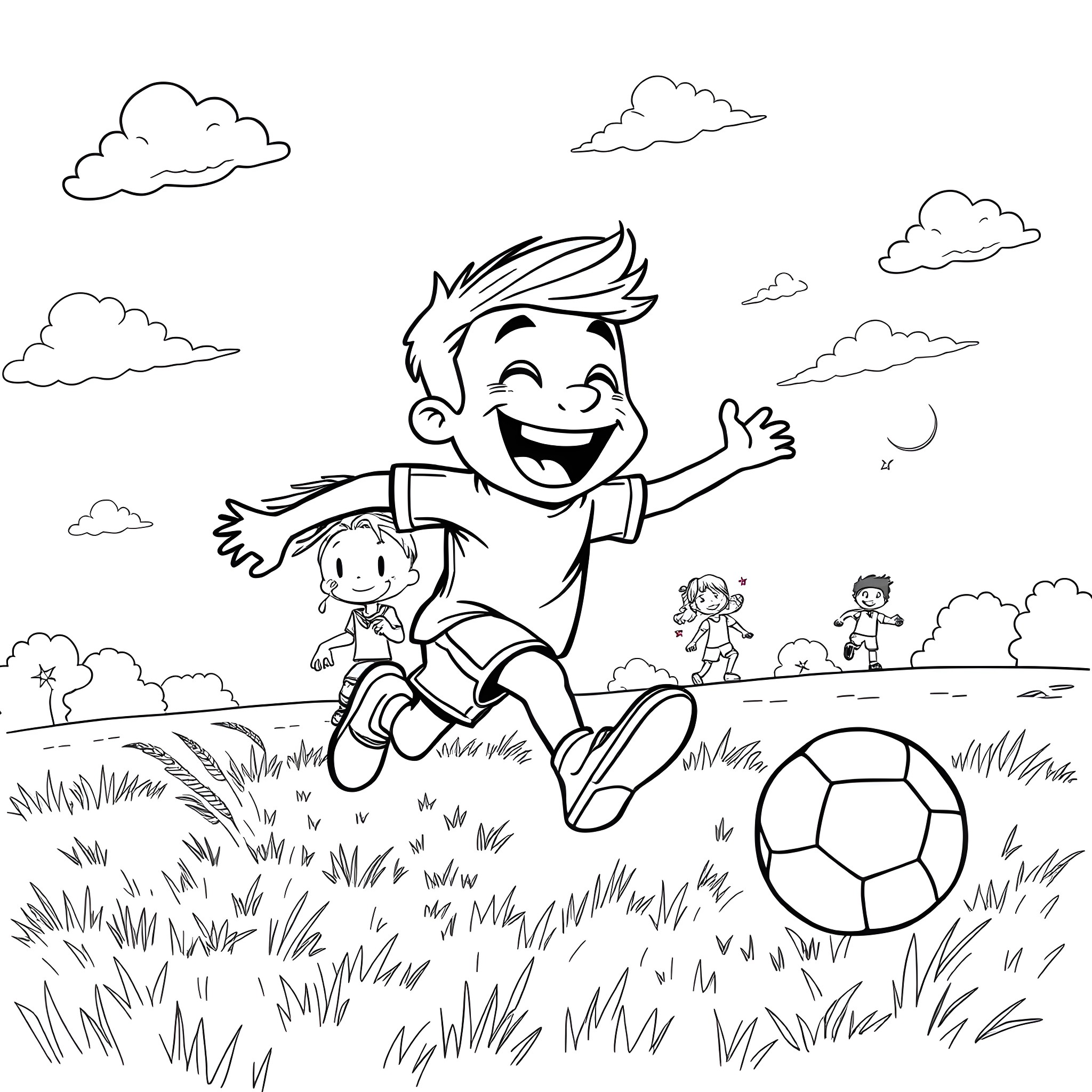 Bluey playing joyfully with friends in the park Coloring Page (free black-and-white line drawing printable PDF for all, from beginners to advanced learners, including children, teens, adults, and seniors)