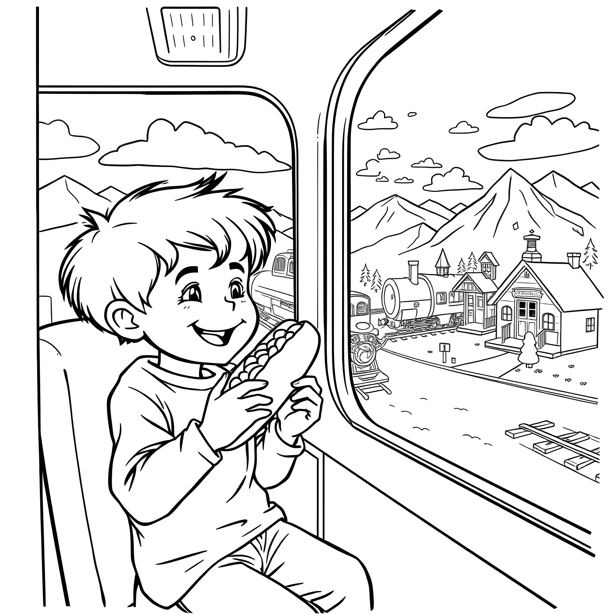 Boy looking out the train window at a scenic landscape Coloring Page (free black-and-white line drawing printable PDF for all, from beginners to advanced learners, including children, teens, adults, and seniors)