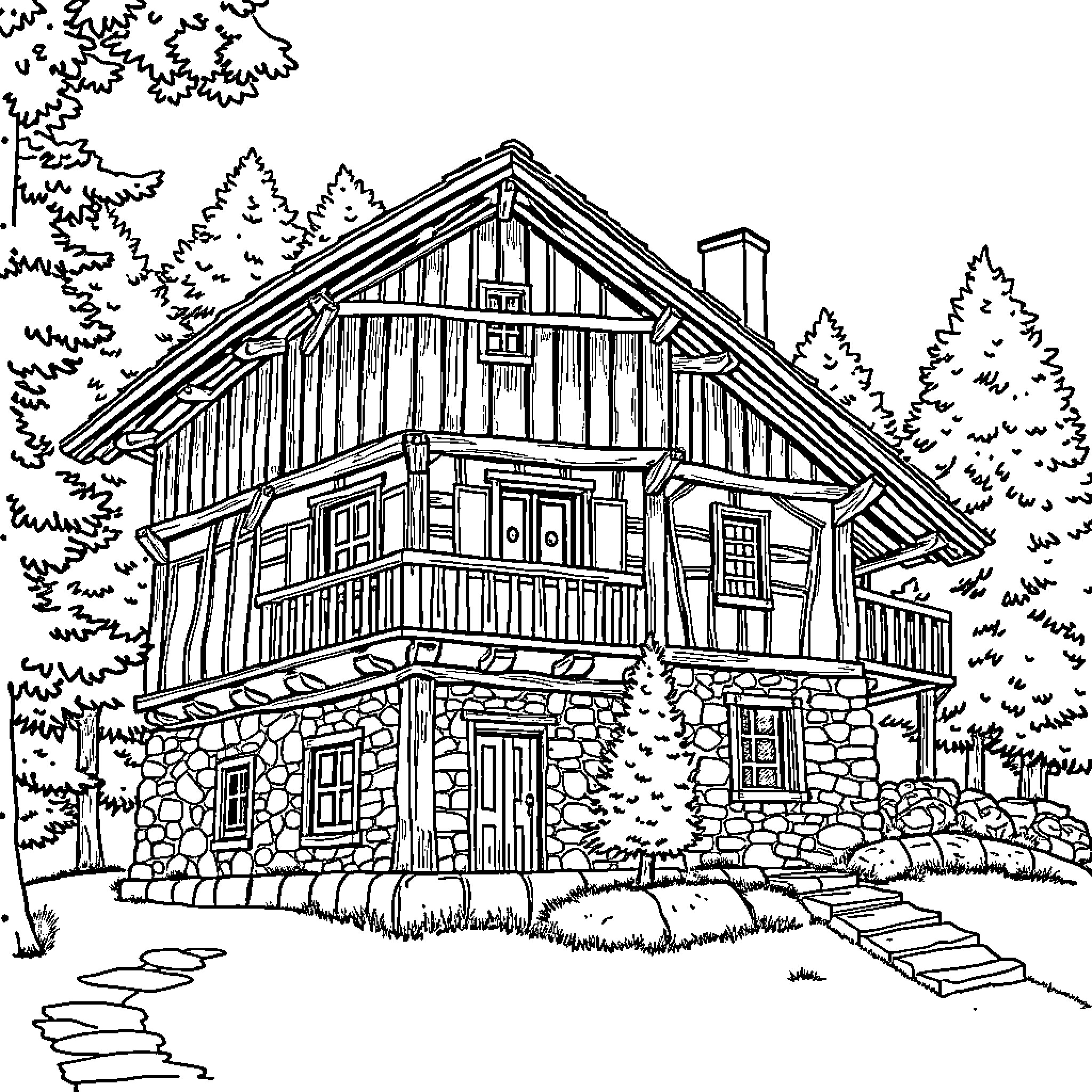 Bosnian House with Rustic Wooden Design and Surrounding Vegetation Coloring Page (free black-and-white line drawing printable PDF for all, from beginners to advanced learners, including children, teens, adults, and seniors)