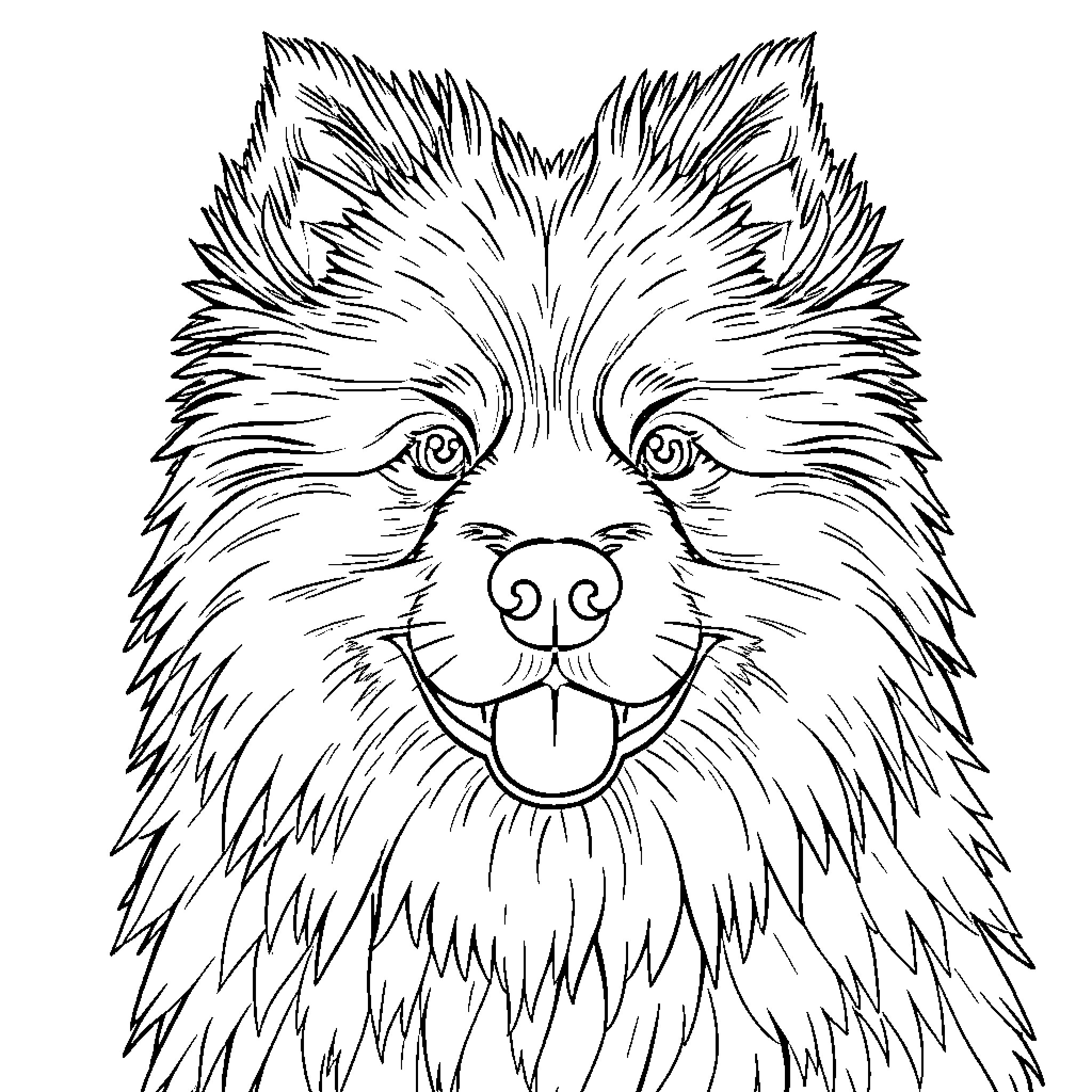 Keeshond with happy expression Coloring Page (free black-and-white line drawing printable PDF for all, from beginners to advanced learners, including children, teens, adults, and seniors)