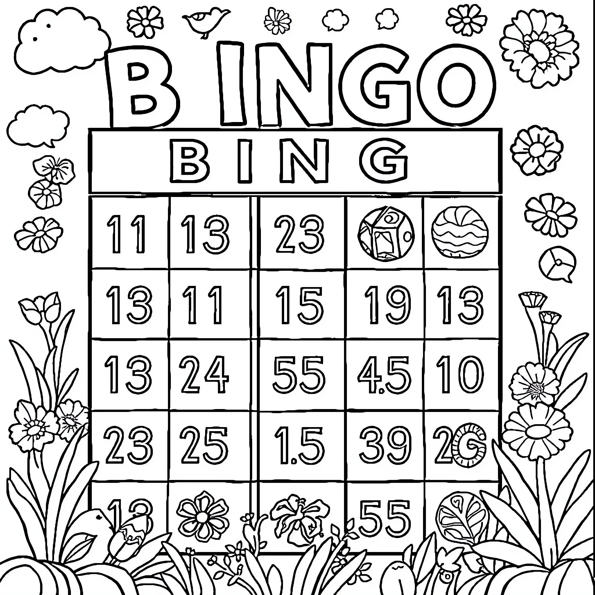 Bingo game with floral elements Coloring Page (free black-and-white line drawing printable PDF for all, from beginners to advanced learners, including children, teens, adults, and seniors)