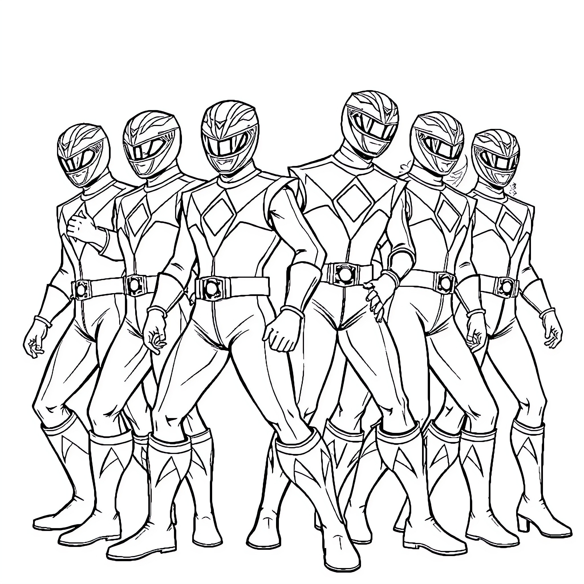 Power Rangers in Action-Packed Poses Coloring Page (free black-and-white line drawing printable PDF for all, from beginners to advanced learners, including children, teens, adults, and seniors)