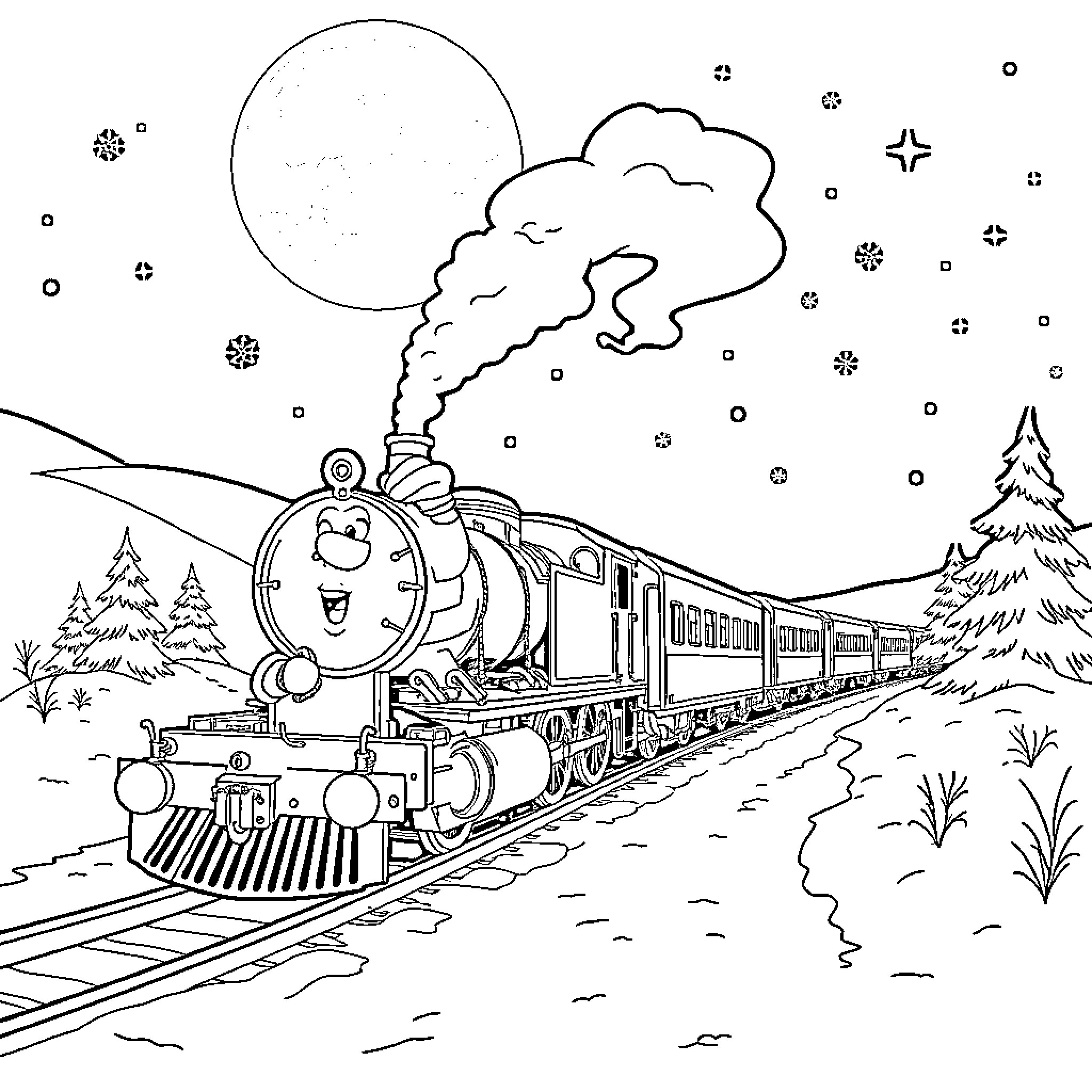 Santa's magical train journey through winter wonderland Coloring Page (free black-and-white line drawing printable PDF for all, from beginners to advanced learners, including children, teens, adults, and seniors)