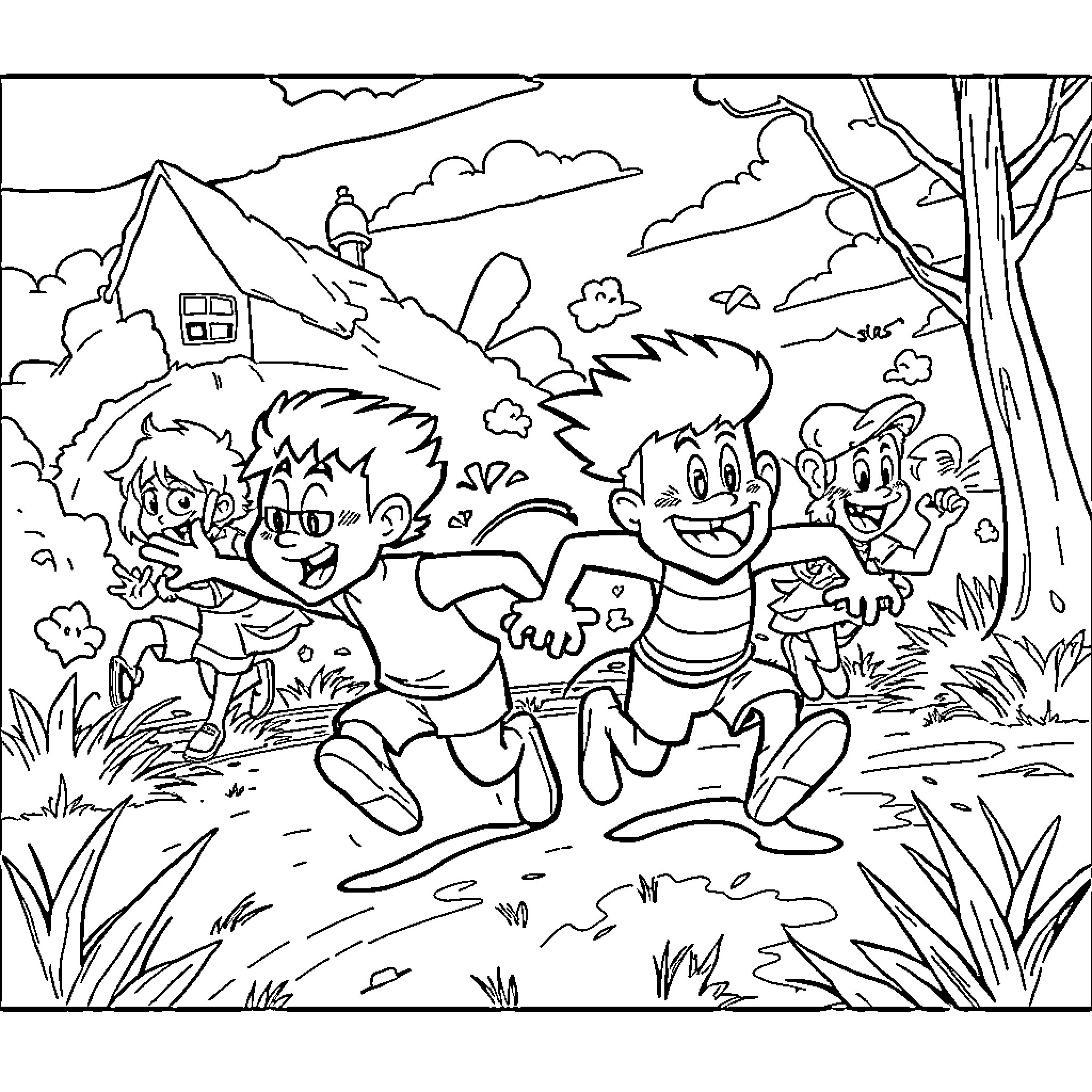 Chase through the countryside Coloring Page (free black-and-white line drawing printable PDF for all, from beginners to advanced learners, including children, teens, adults, and seniors)