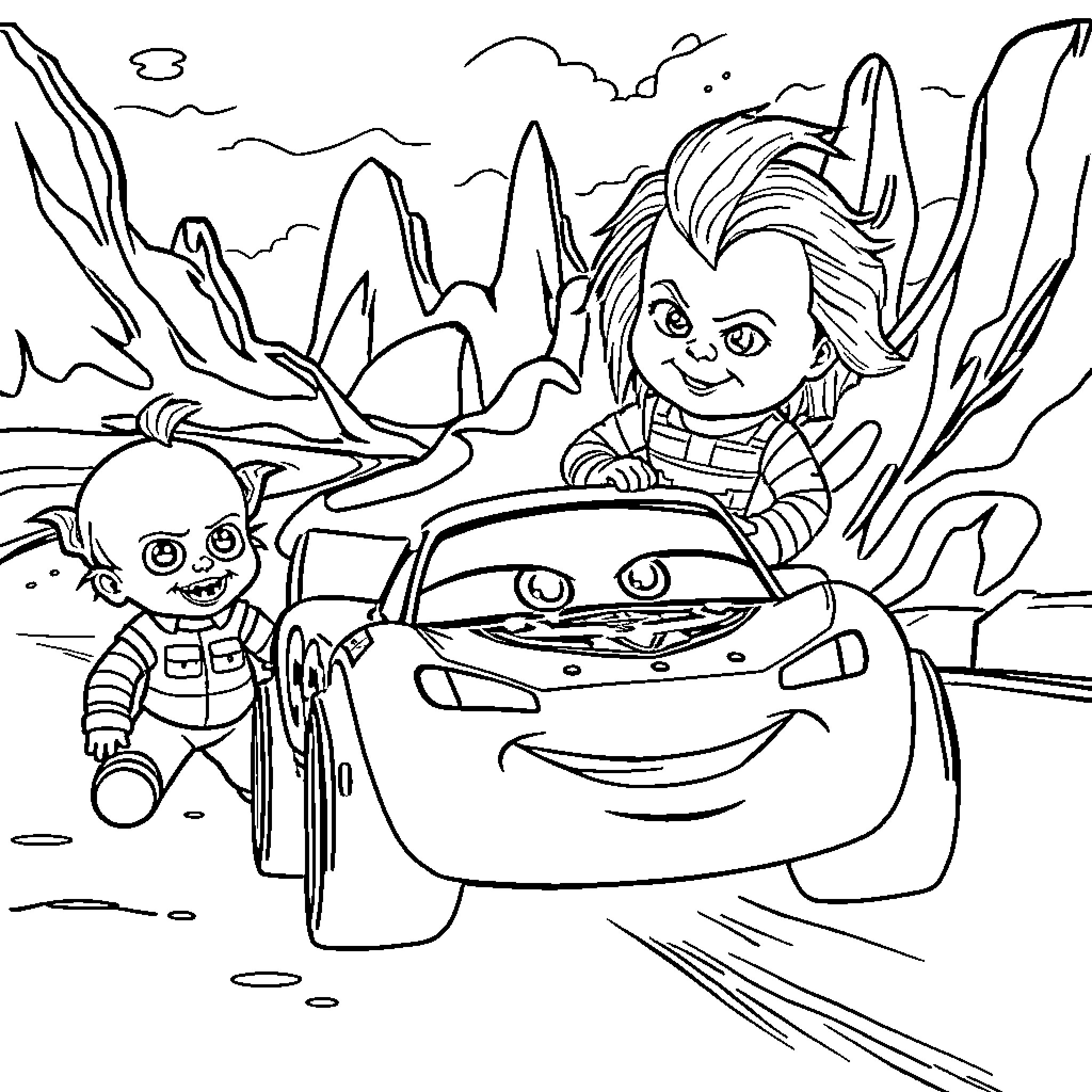 Flash McQueen's Imaginative Adventure Coloring Page (free black-and-white line drawing printable PDF for all, from beginners to advanced learners, including children, teens, adults, and seniors)