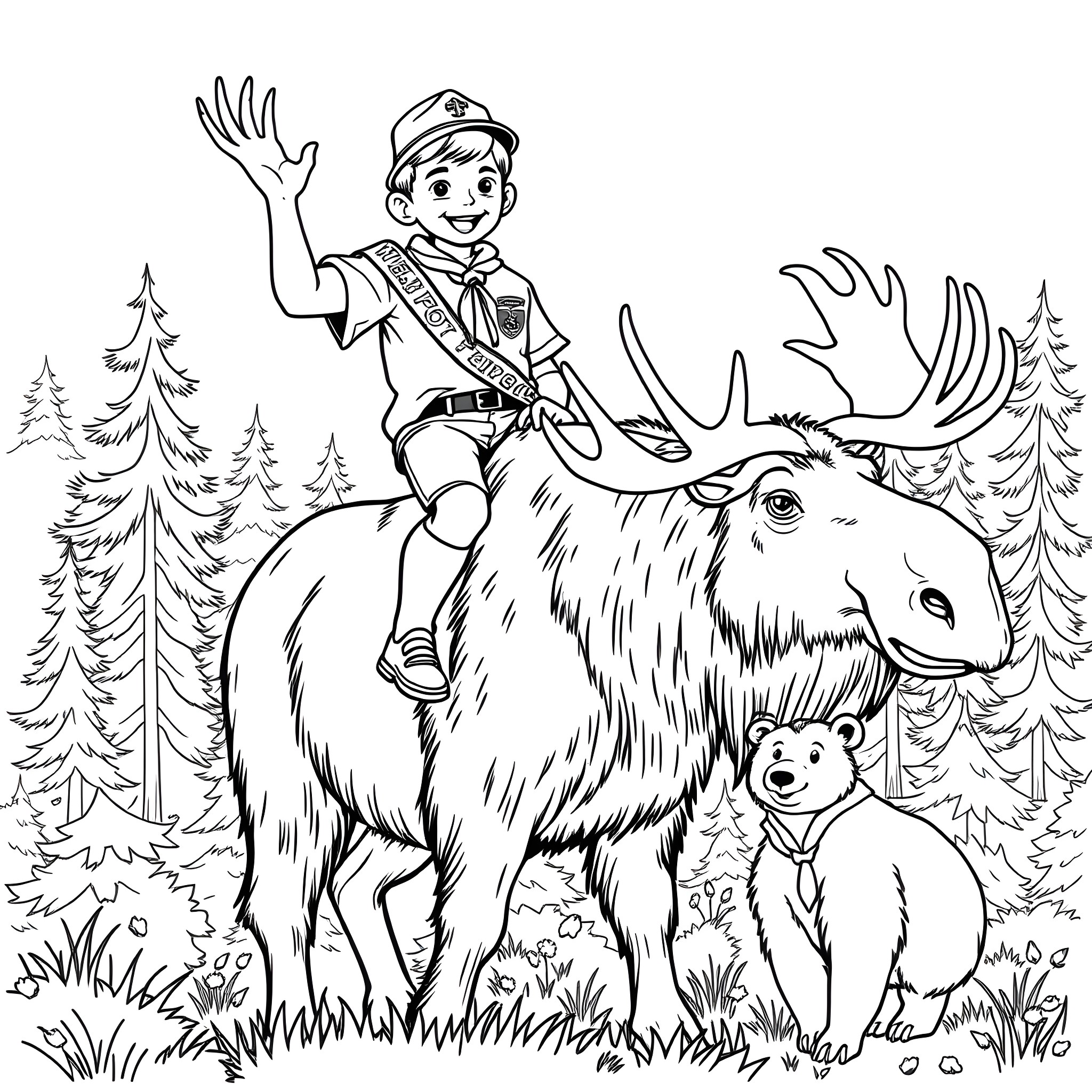 Boyscout riding a giant deer with a bear companion Coloring Page (free black-and-white line drawing printable PDF for all, from beginners to advanced learners, including children, teens, adults, and seniors)