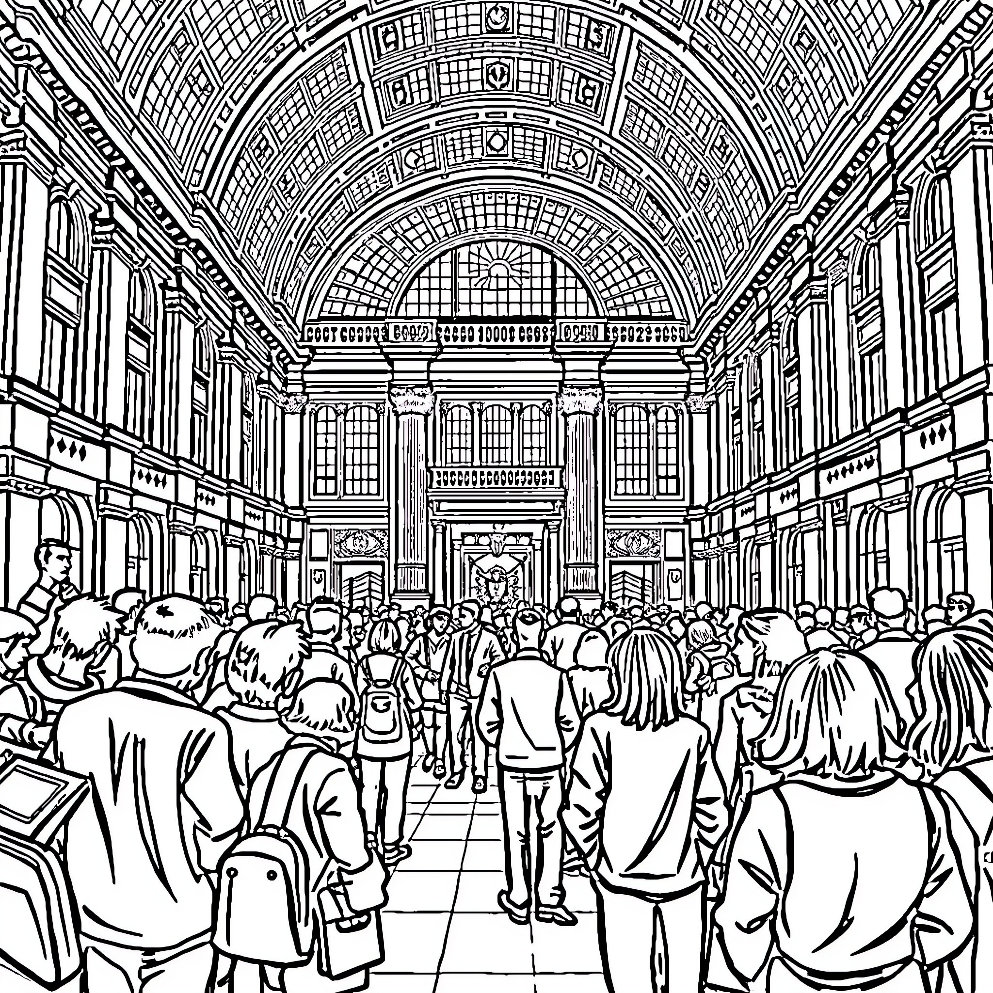 La Grande Convinacione: Bustling Crowds in an Ornate Architectural Setting Coloring Page (free black-and-white line drawing printable PDF for all, from beginners to advanced learners, including children, teens, adults, and seniors)