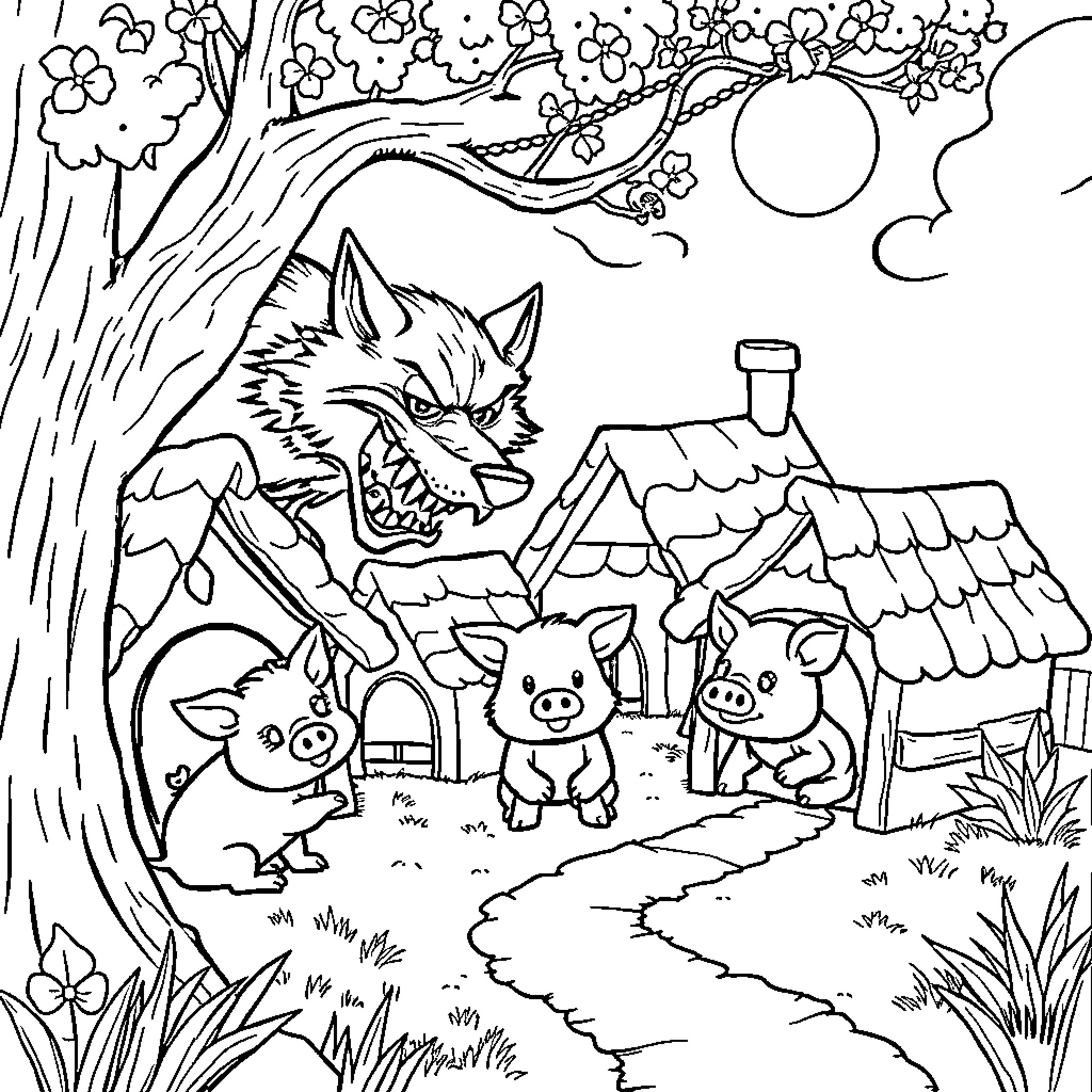 Wolf guarding farm animals in the woods Coloring Page (free black-and-white line drawing printable PDF for all, from beginners to advanced learners, including children, teens, adults, and seniors)
