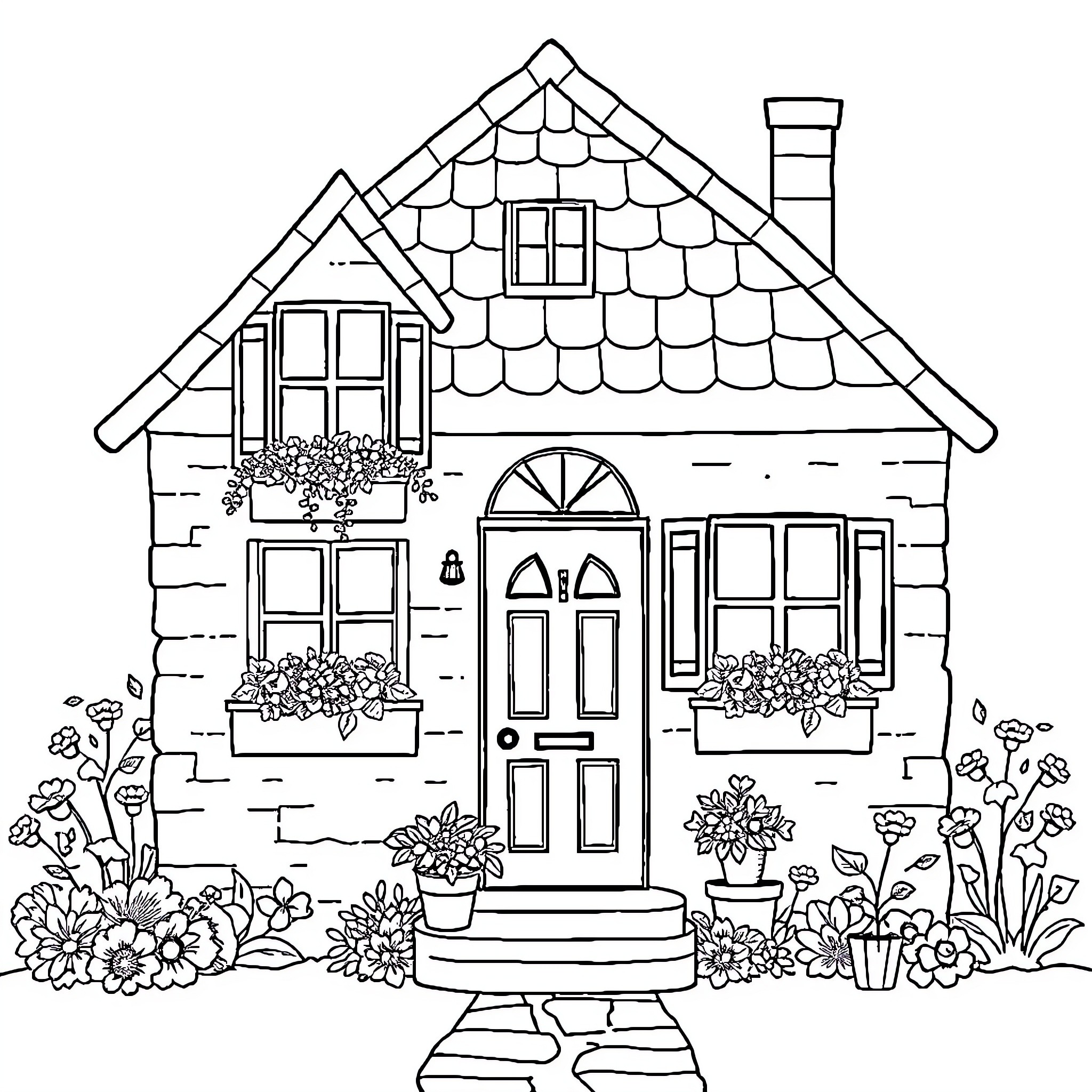 House with Detailed Architectural Features and Blooming Flowers Coloring Page (free black-and-white line drawing printable PDF for all, from beginners to advanced learners, including children, teens, adults, and seniors)