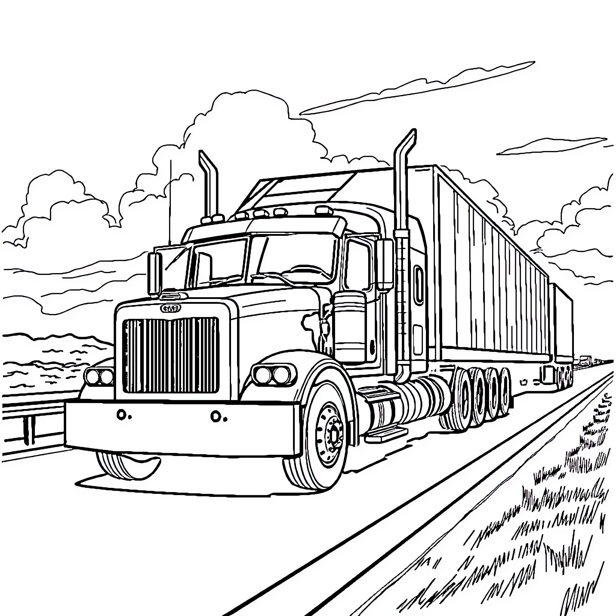 Mack Truck transporting cargo on the highway Coloring Page (free black-and-white line drawing printable PDF for all, from beginners to advanced learners, including children, teens, adults, and seniors)