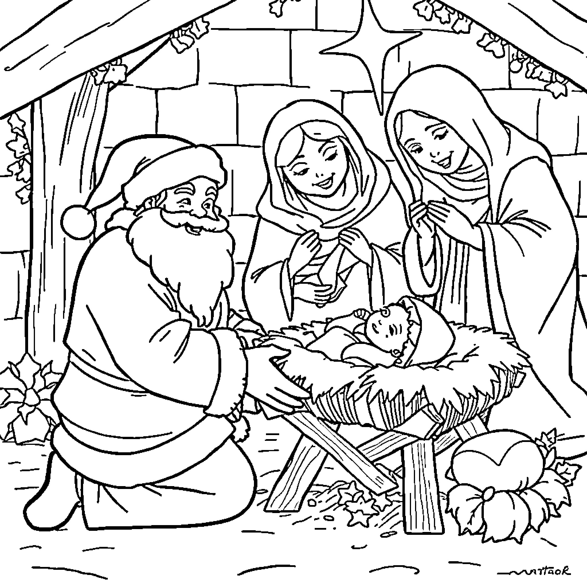 Santa and the Holy Family in the Nativity Scene Coloring Page (free black-and-white line drawing printable PDF for all, from beginners to advanced learners, including children, teens, adults, and seniors)