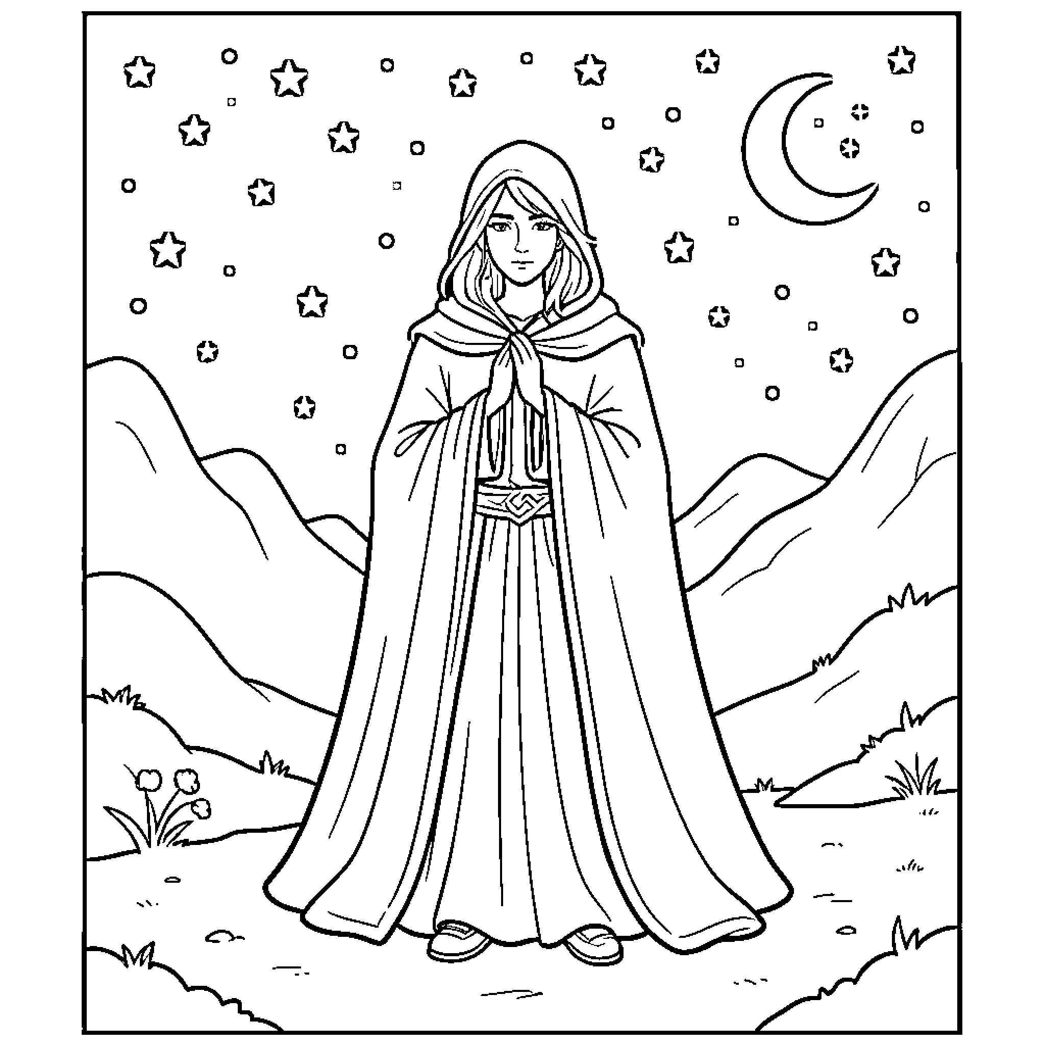 Lune hooded figure standing peacefully under a starry night sky Coloring Page (free black-and-white line drawing printable PDF for all, from beginners to advanced learners, including children, teens, adults, and seniors)