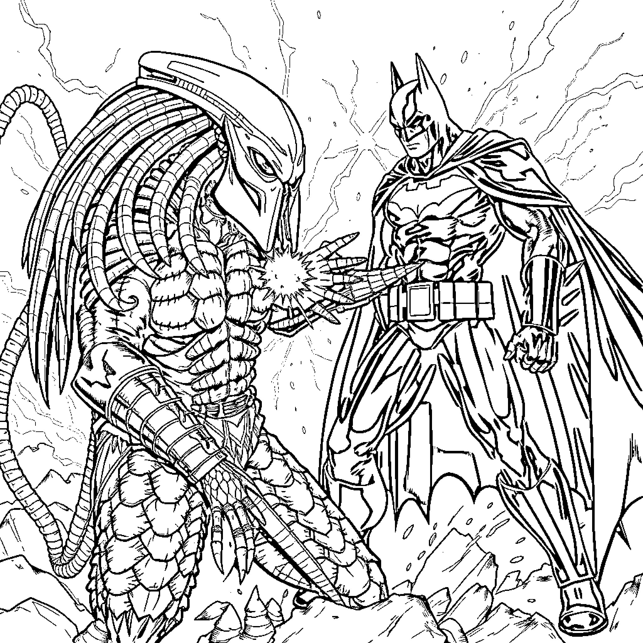 Predator's Showdown with the Dark Knight Coloring Page (free black-and-white line drawing printable PDF for all, from beginners to advanced learners, including children, teens, adults, and seniors)