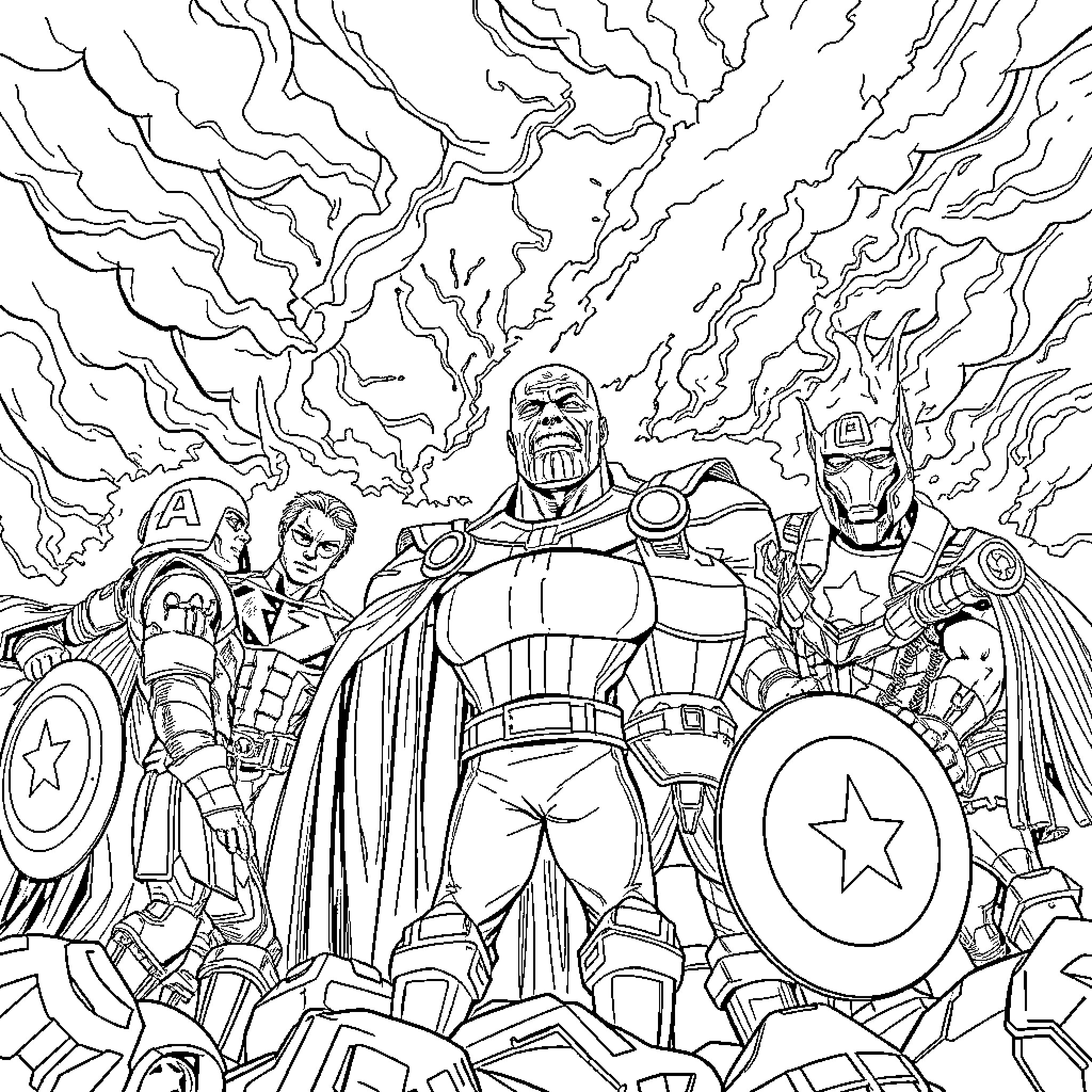 Avenger Heroes Assembling for Battle Coloring Page (free black-and-white line drawing printable PDF for all, from beginners to advanced learners, including children, teens, adults, and seniors)
