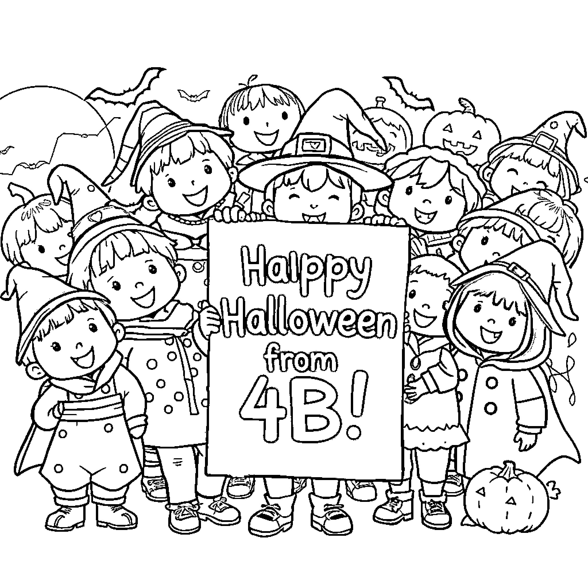 Child celebrating Halloween together with friends Coloring Page (free black-and-white line drawing printable PDF for all, from beginners to advanced learners, including children, teens, adults, and seniors)
