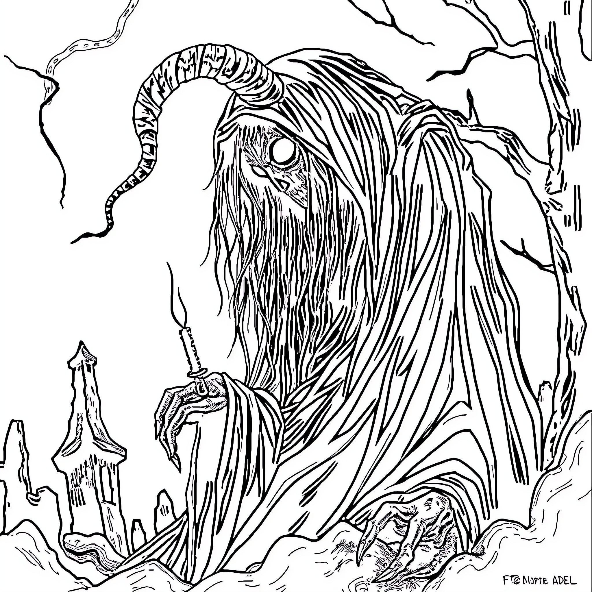 Mortal Phantasm Haunts the Desolate Realm Coloring Page (free black-and-white line drawing printable PDF for all, from beginners to advanced learners, including children, teens, adults, and seniors)
