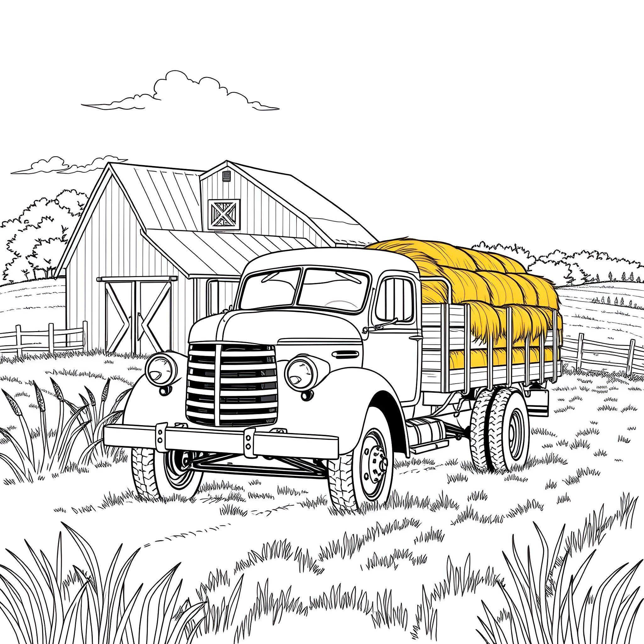 Grain Pickup Truck and Barn in Rural Countryside Coloring Page (free black-and-white line drawing printable PDF for all, from beginners to advanced learners, including children, teens, adults, and seniors)