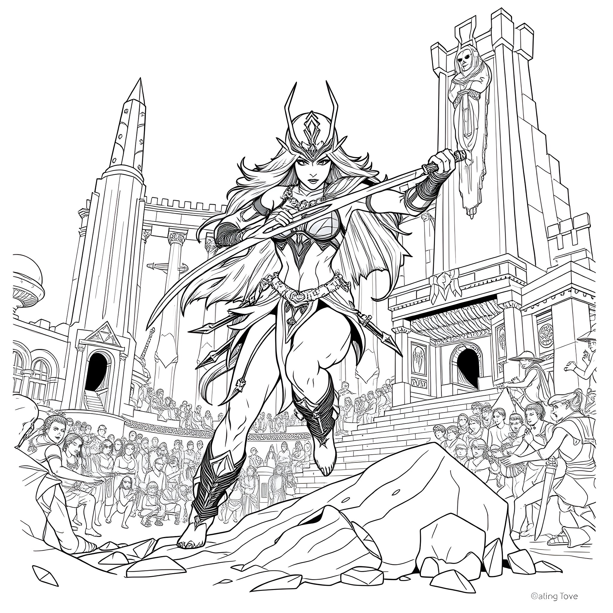 Mileena's Triumphant Return to the Outworld Arena Coloring Page (free black-and-white line drawing printable PDF for all, from beginners to advanced learners, including children, teens, adults, and seniors)