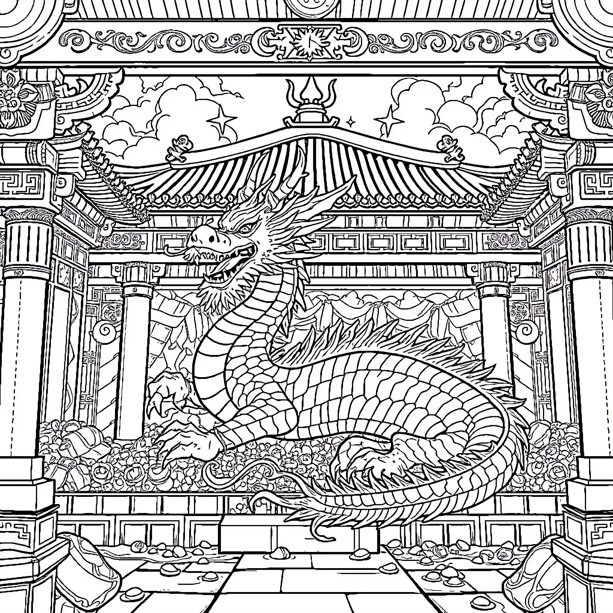 Dragon Guarding the Majestic Temple Entrance Coloring Page (free black-and-white line drawing printable PDF for all, from beginners to advanced learners, including children, teens, adults, and seniors)