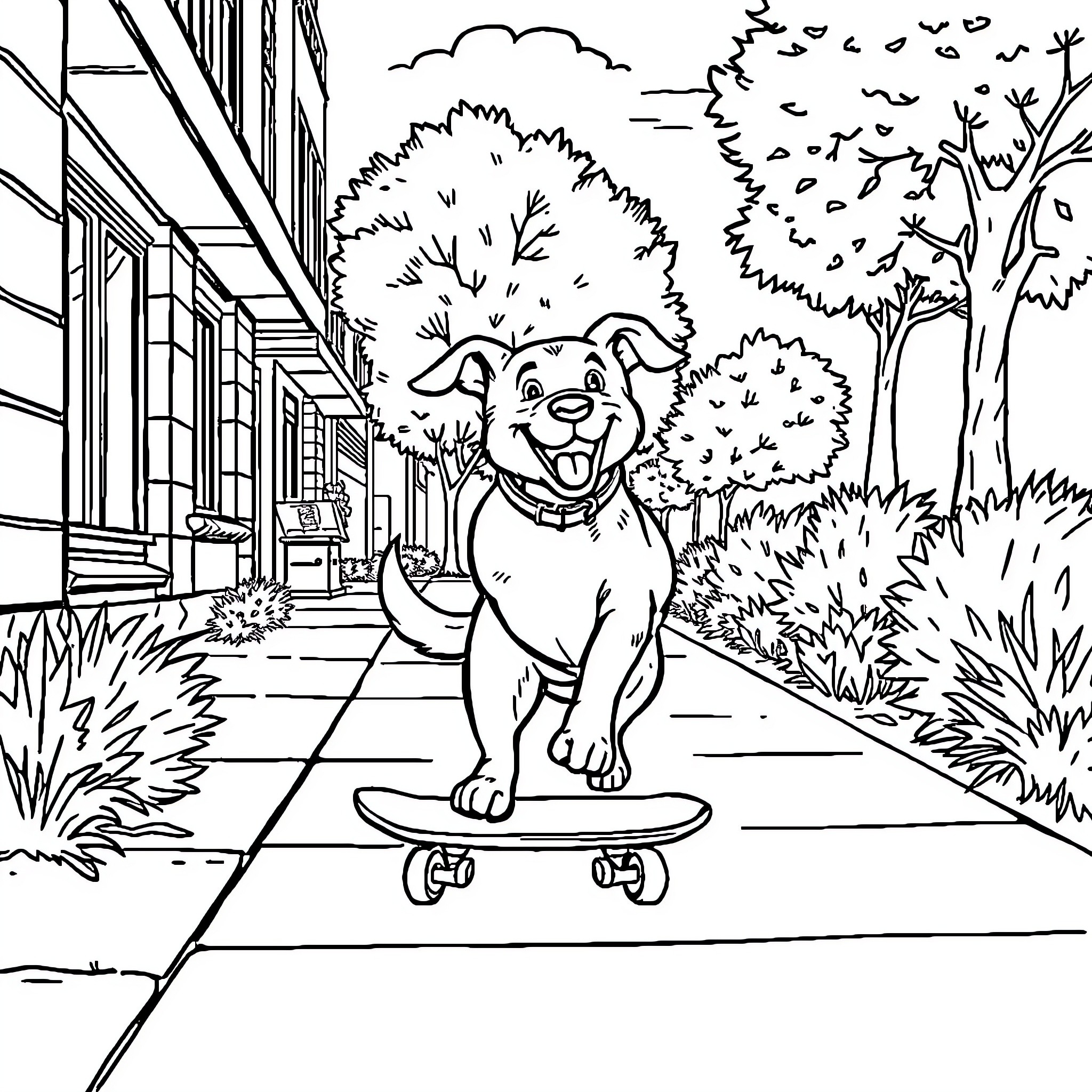 Dog riding skateboard on sidewalk Coloring Page (free black-and-white line drawing printable PDF for all, from beginners to advanced learners, including children, teens, adults, and seniors)