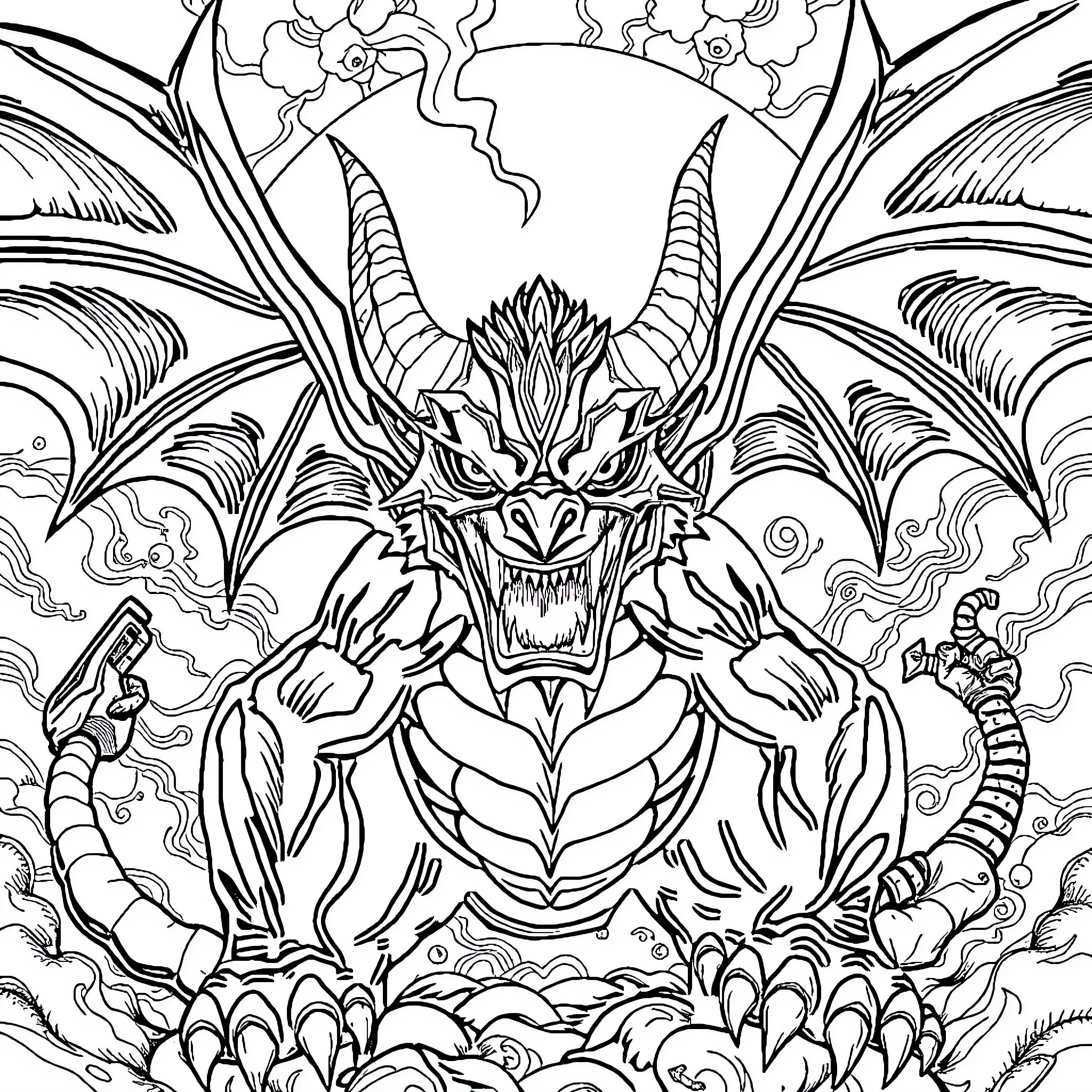 Panzuzu - Fearsome Demonic Creature in Mythical Landscape Coloring Page (free black-and-white line drawing printable PDF for all, from beginners to advanced learners, including children, teens, adults, and seniors)