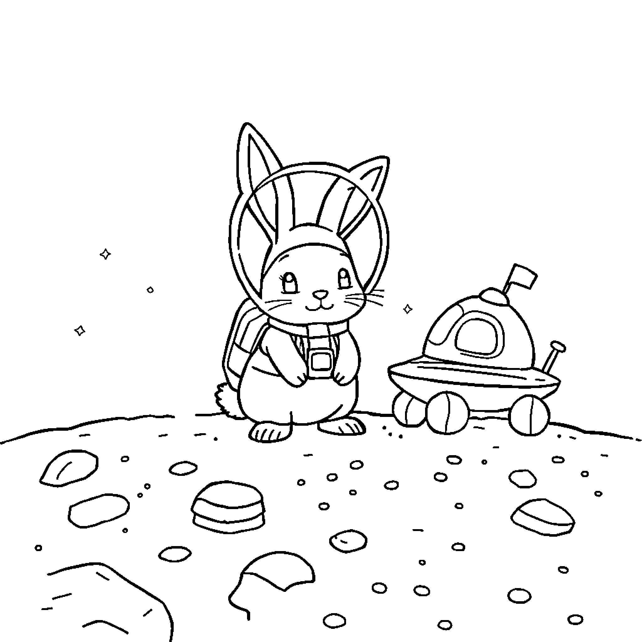 Rabbit playing with toy spaceship on the moon Coloring Page (free black-and-white line drawing printable PDF for all, from beginners to advanced learners, including children, teens, adults, and seniors)
